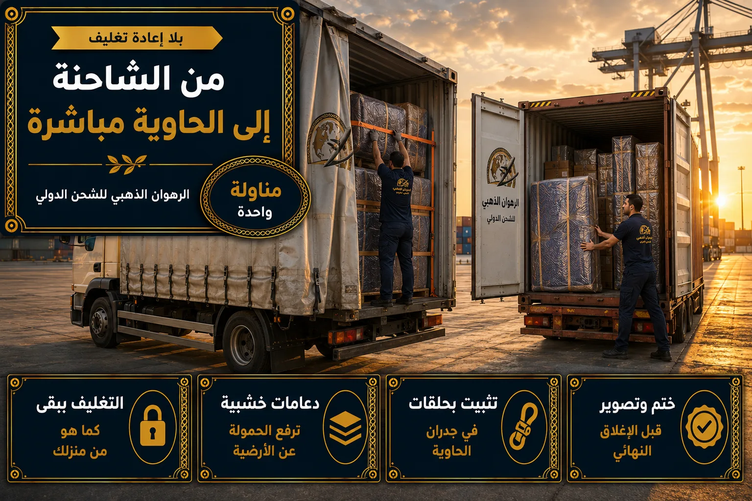 من الشاحنة إلى الحاوية مباشرة نقل الأثاث المغلّف من الشاحنة إلى الحاوية مباشرة في ميناء التصدير