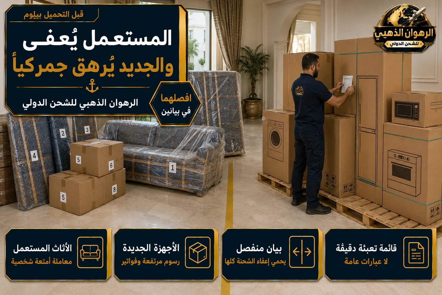 فصل الأثاث المستعمل عن الأجهزة الجديدة قبل الشحن إلى تركيا
