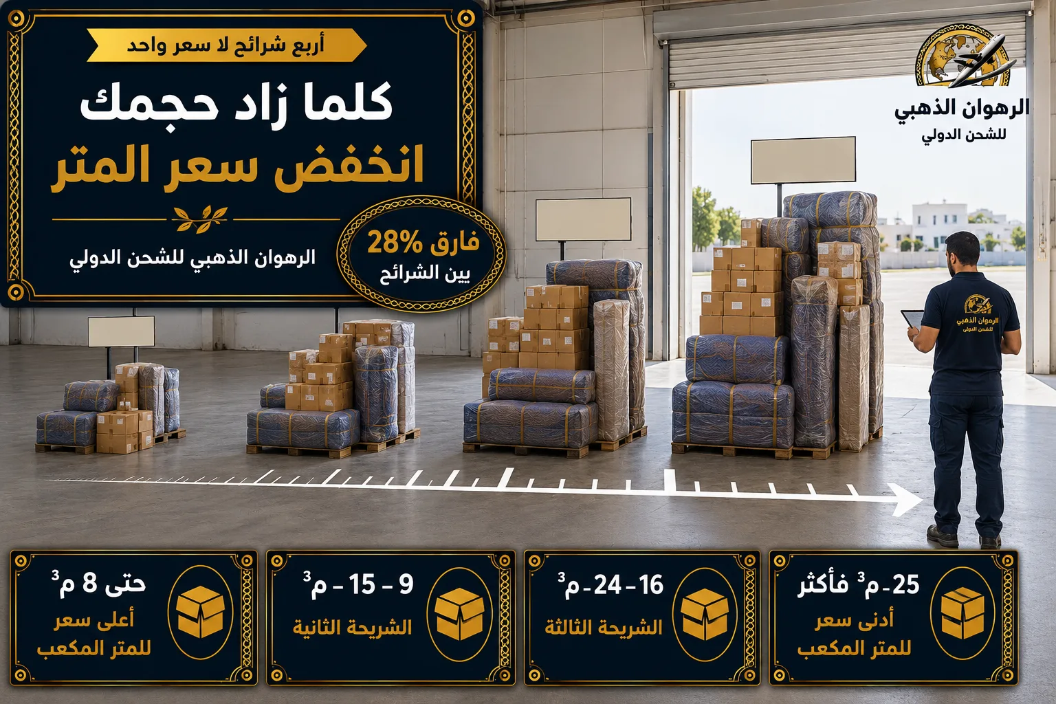 باقات الوزن الأربع أربع مجموعات شحن متدرجة الحجم مع مقياس مدرّج على أرضية المستودع