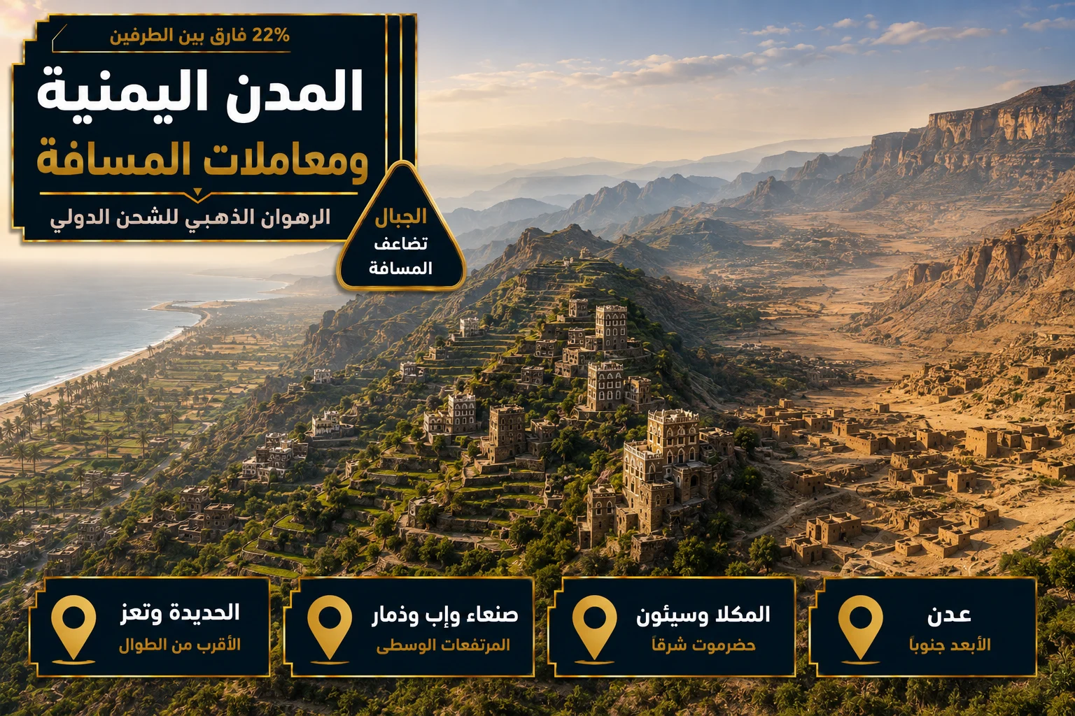 المدن اليمنية ومعاملات المسافة تضاريس يمنية متدرجة من السهل الساحلي إلى المرتفعات فالوادي