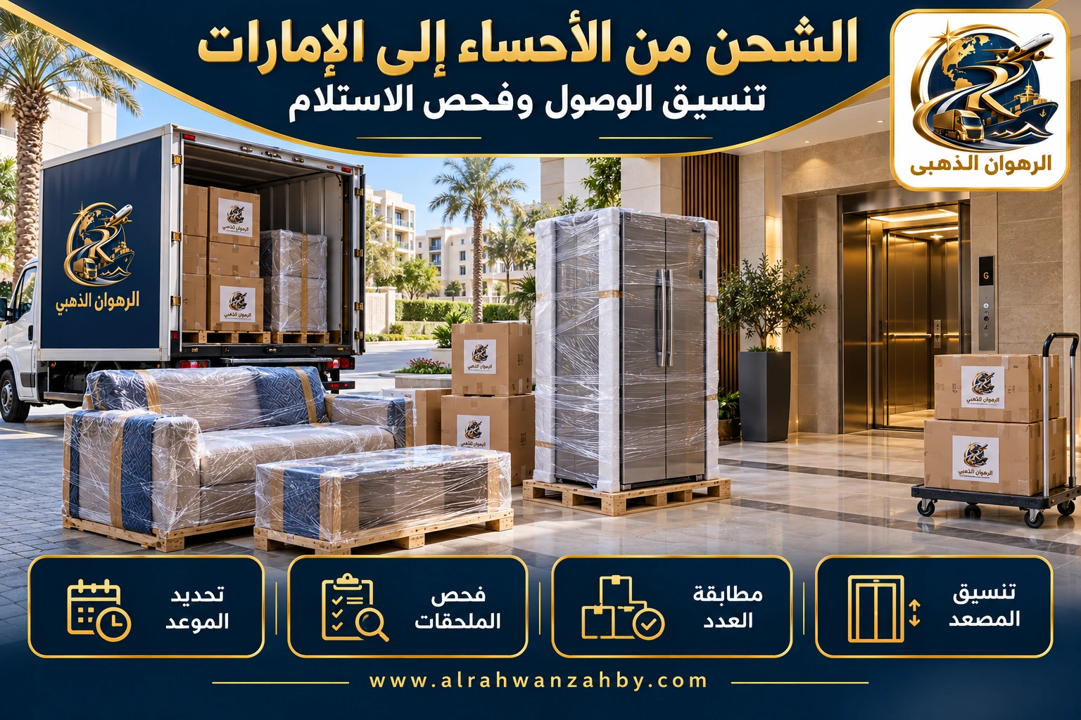 الشحن من الأحساء إلى الإمارات — تنسيق الوصول وفحص الاستلام