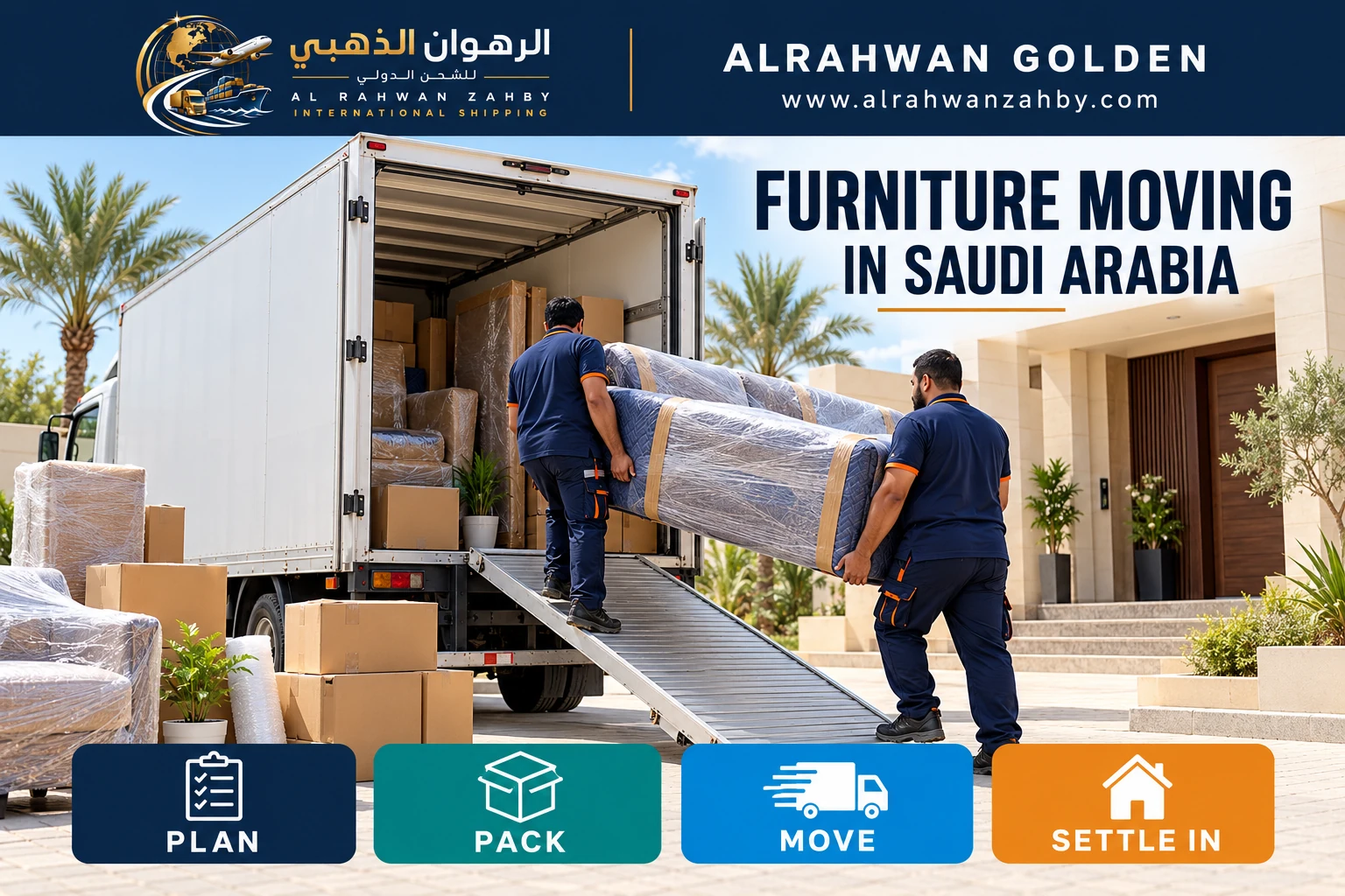 Furniture moving team loading protected furniture into a closed truck