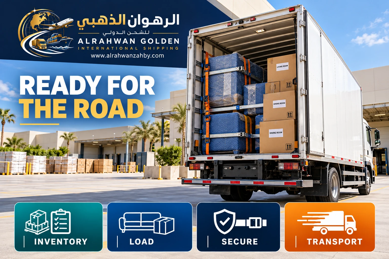 Protected furniture and labeled cartons secured inside a moving truck