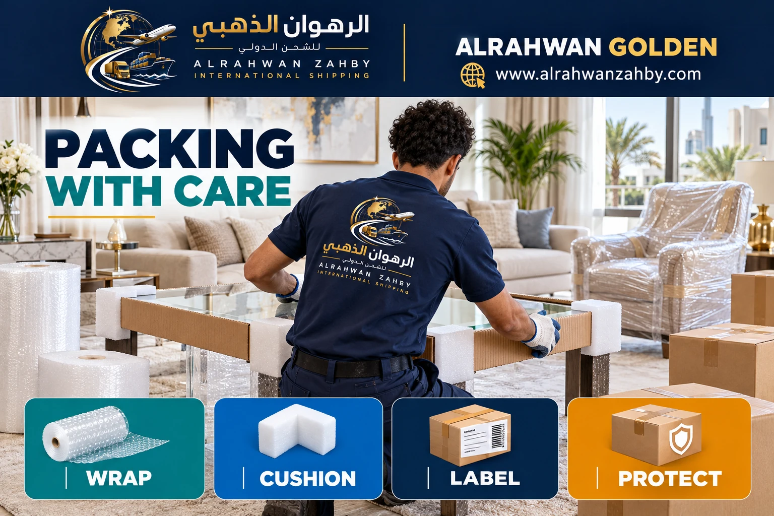 Packing specialist protecting a table and furniture with suitable wrapping
