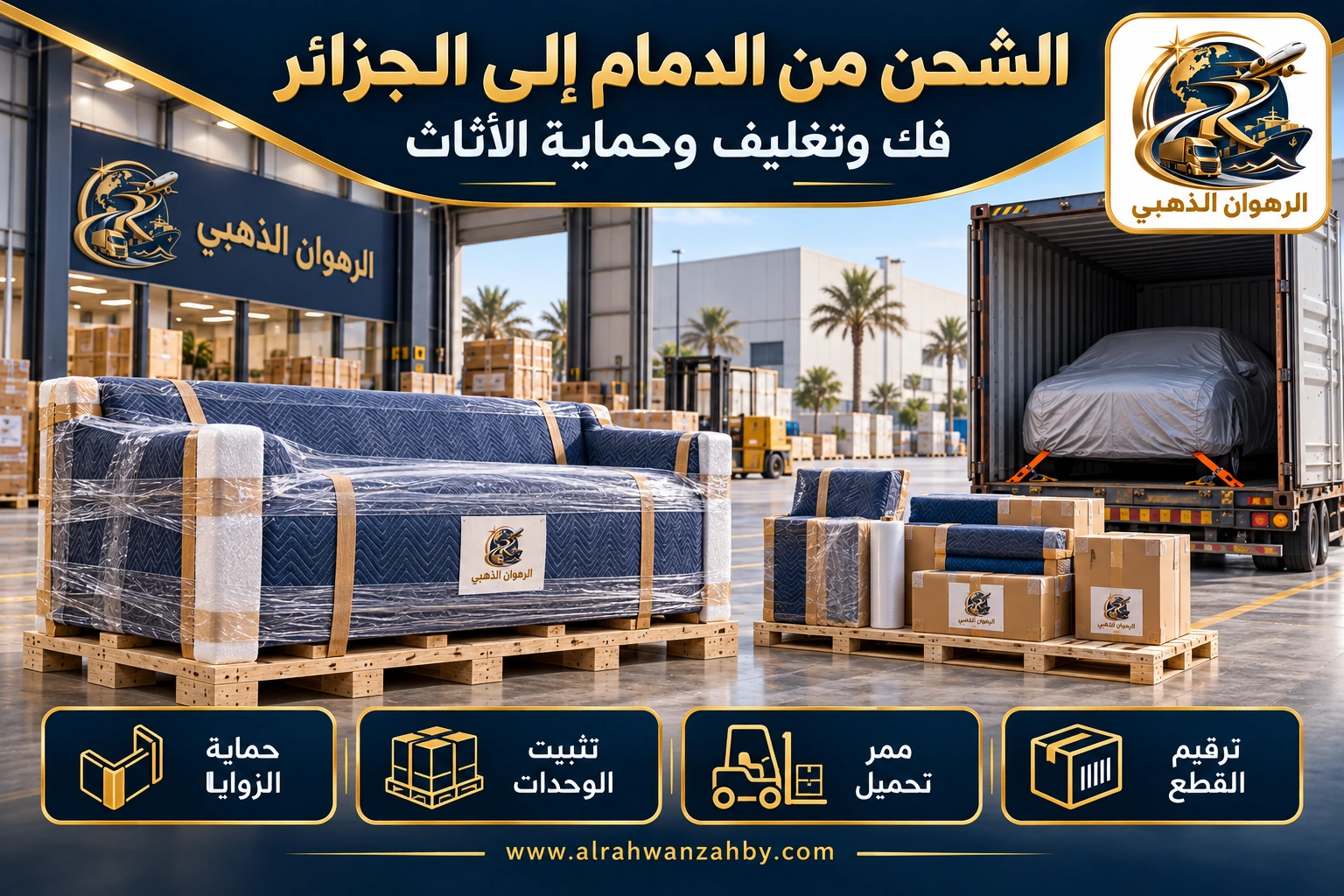 الشحن من الدمام إلى الجزائر — فك وتغليف وحماية الأثاث