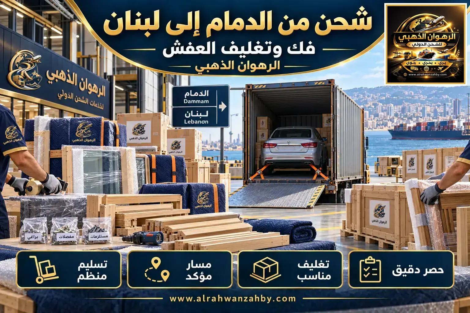 شحن من الدمام إلى لبنان — فك وتغليف العفش