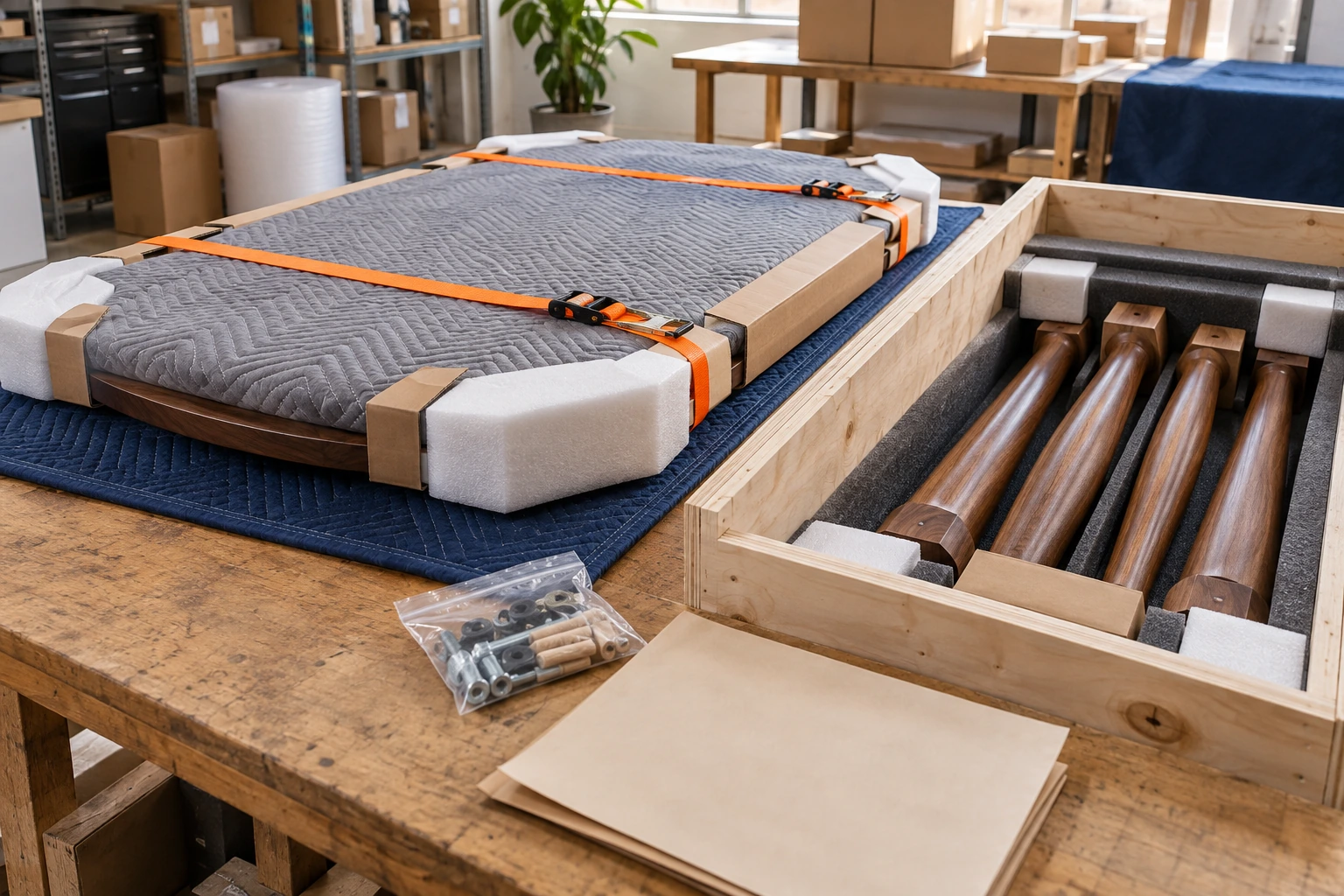 Protecting a tabletop and organising its legs in a shipping crate