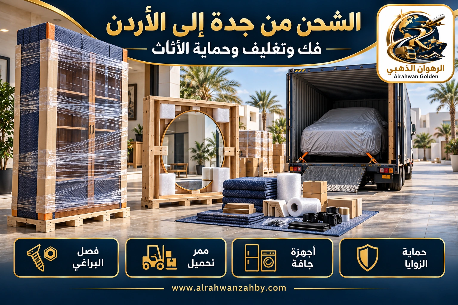 الشحن من جدة إلى الأردن — فك وتغليف وحماية الأثاث