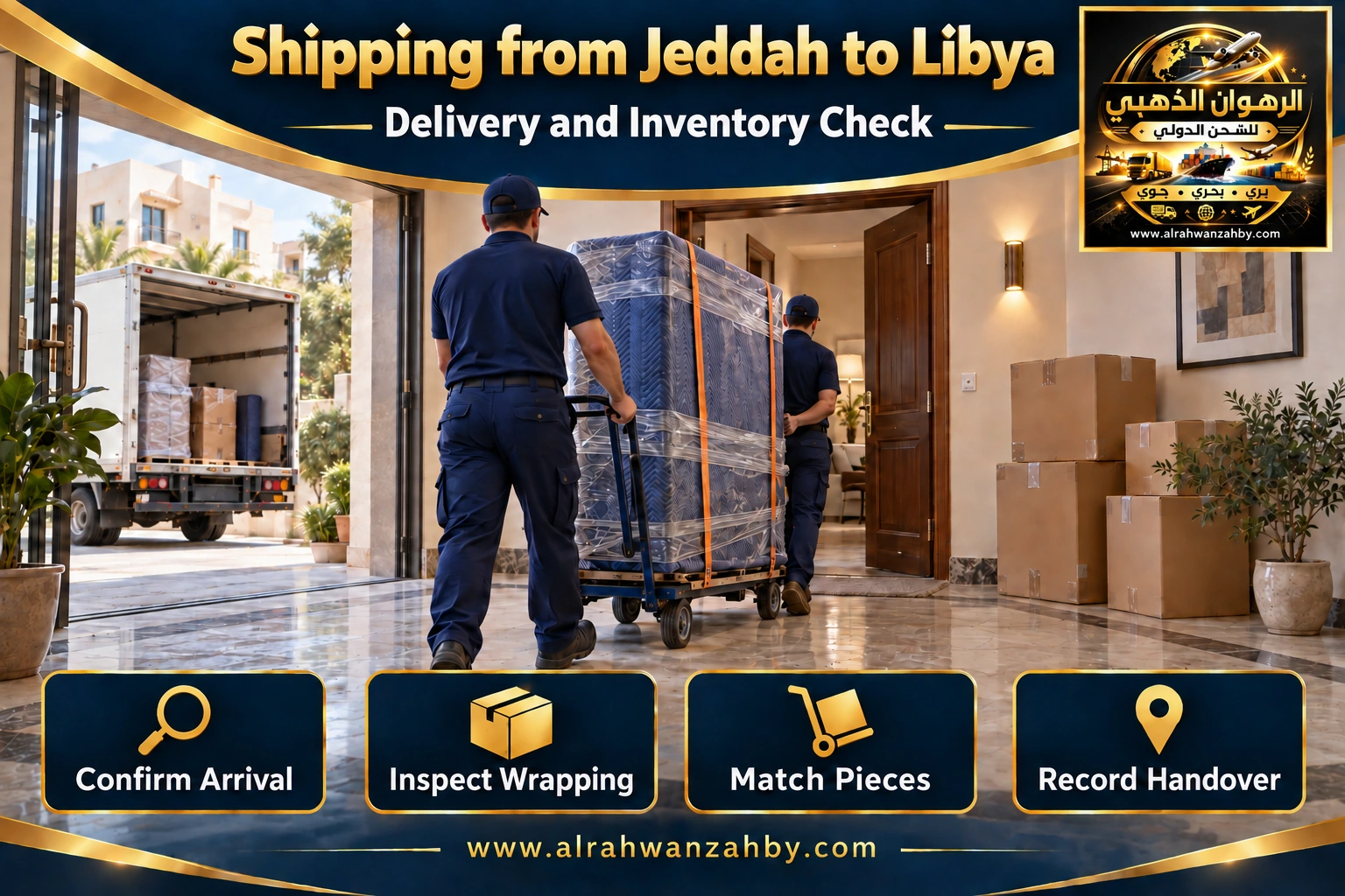 Delivery coordination and inventory matching from Jeddah to Libya — Alrahwan Golden illustrative visual