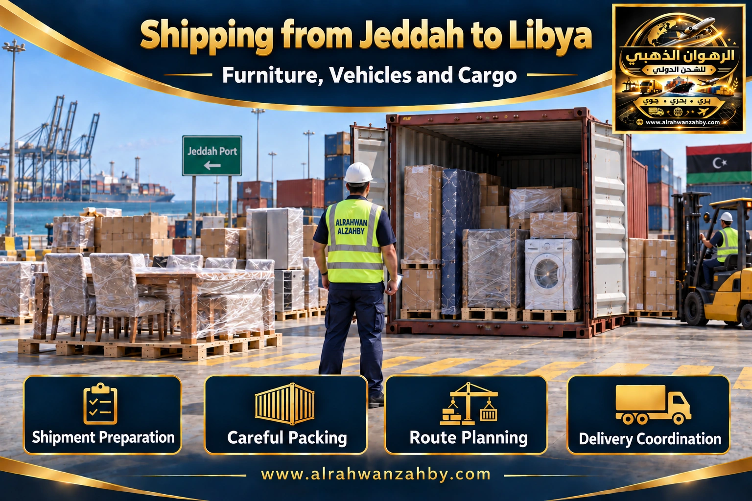 International shipping from Jeddah to Libya — Alrahwan Golden illustrative visual