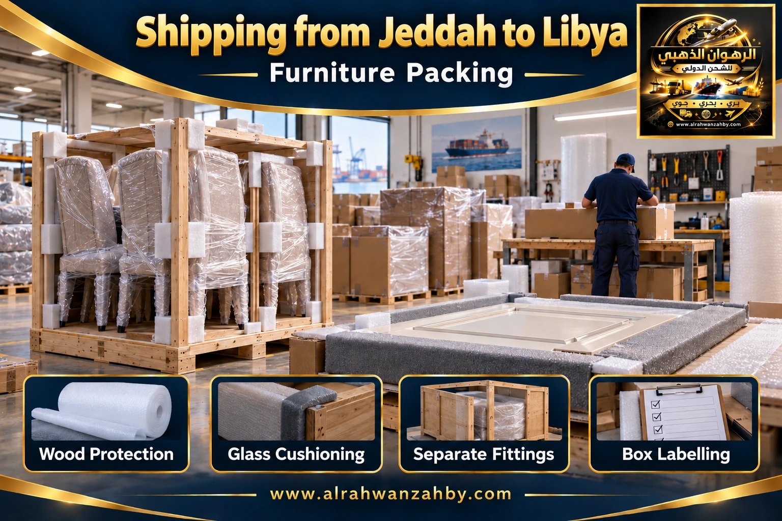 Furniture packing from Jeddah to Libya — Alrahwan Golden illustrative visual