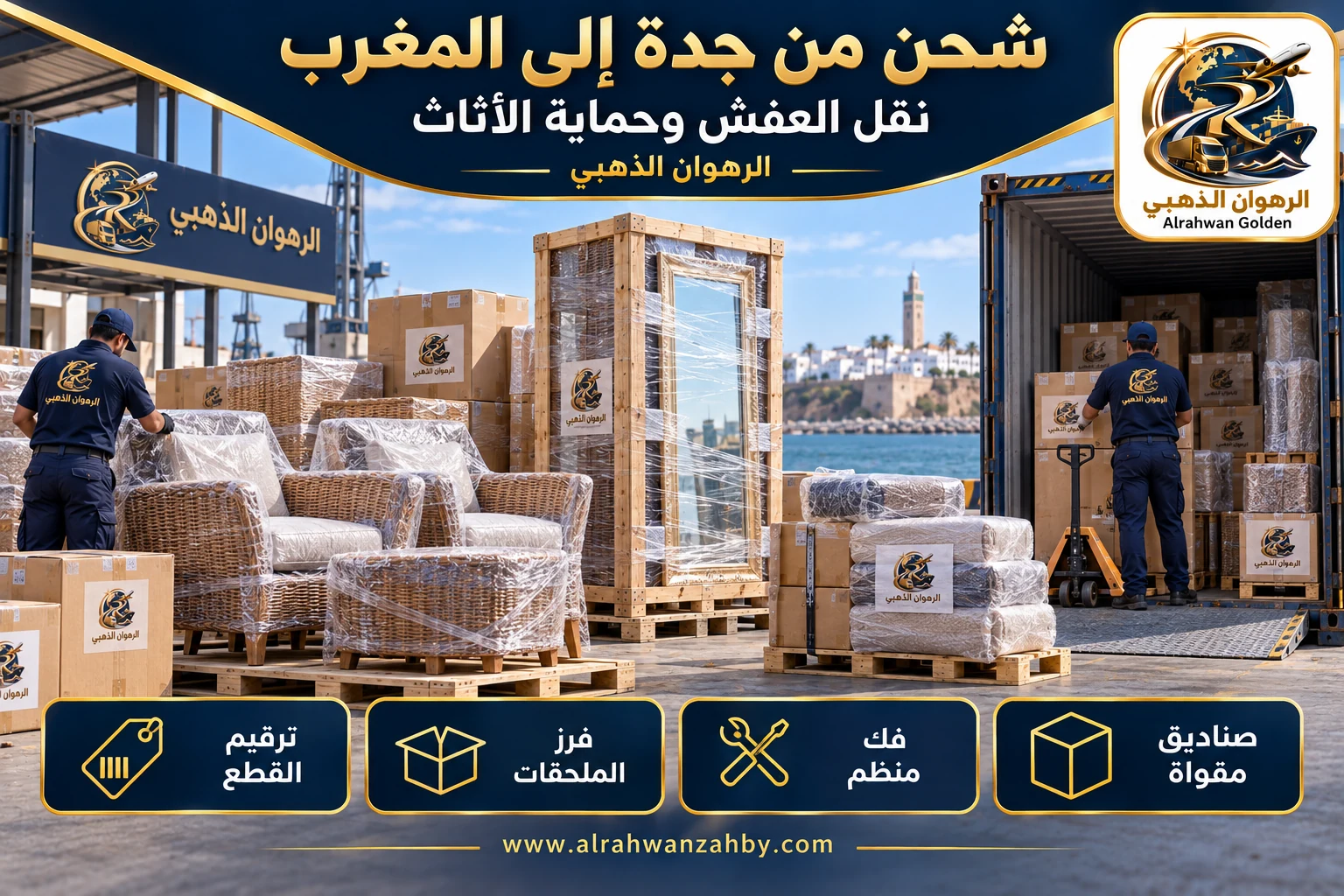 نقل العفش وحماية الأثاث — شحن من جدة إلى المغرب