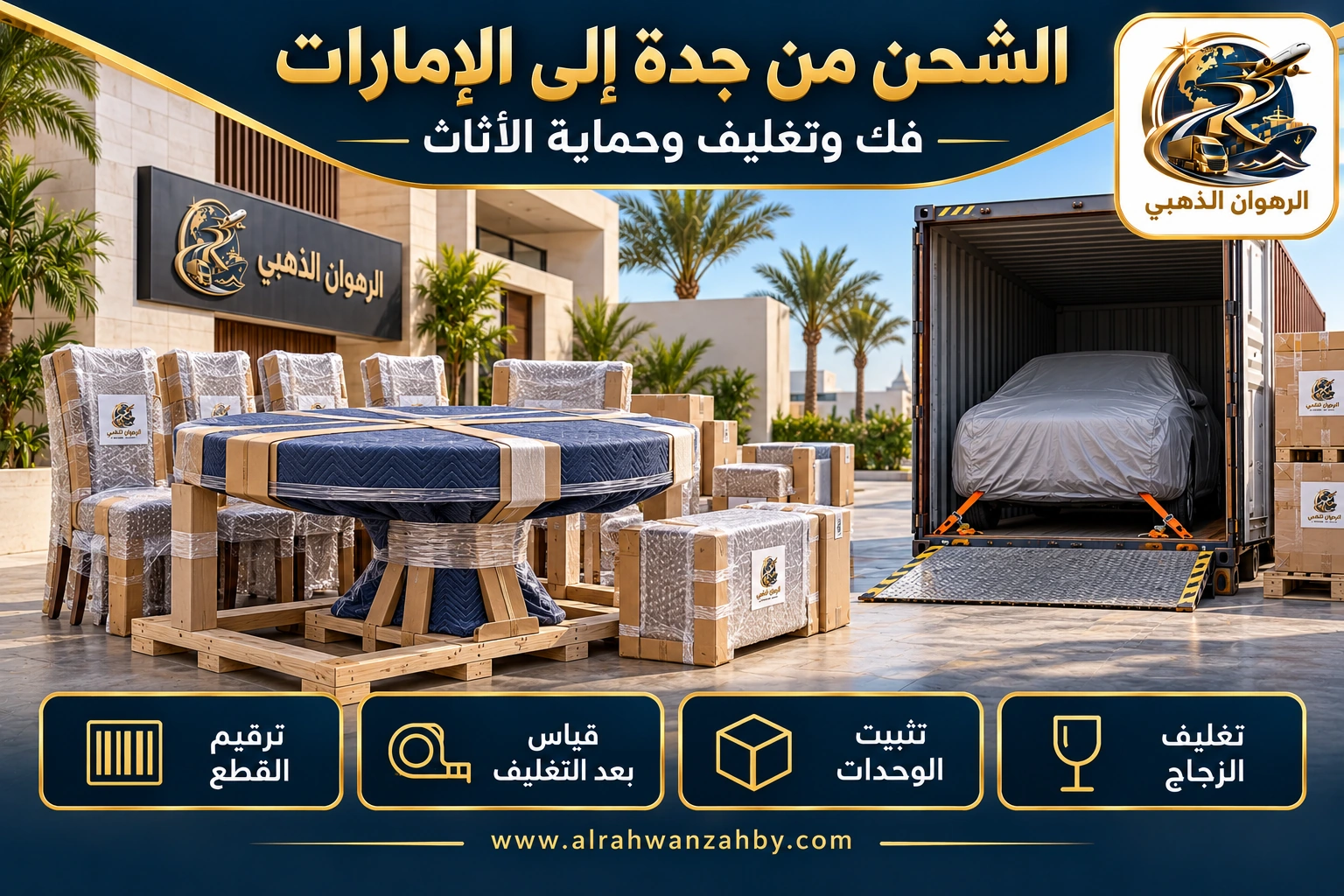 الشحن من جدة إلى الإمارات — فك وتغليف وحماية الأثاث