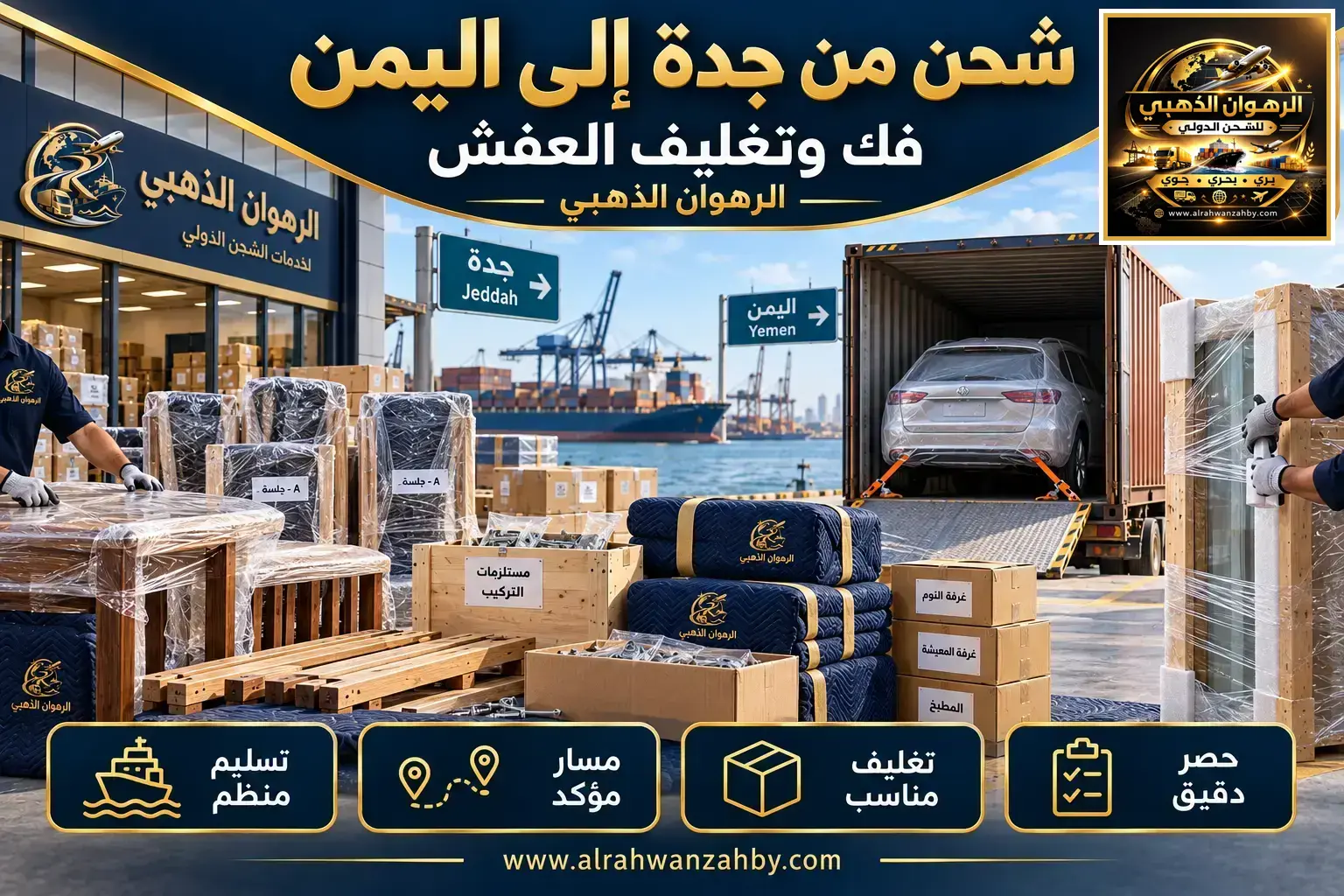 شحن من جدة إلى اليمن — فك وتغليف العفش