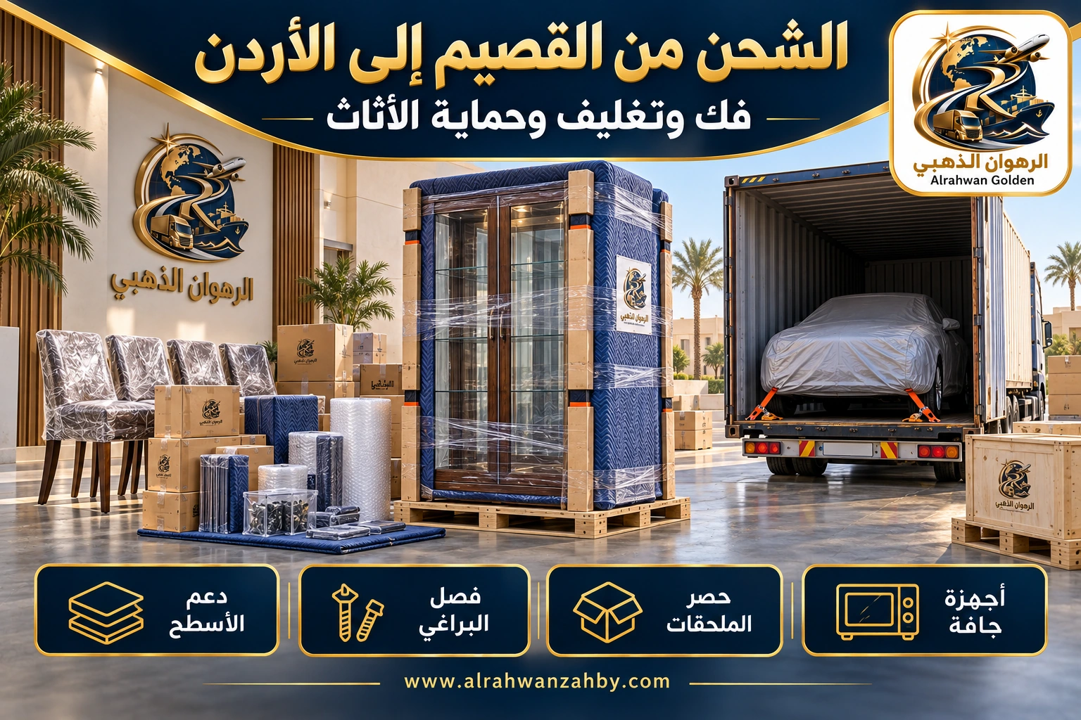 الشحن من القصيم إلى الأردن — فك وتغليف وحماية الأثاث
