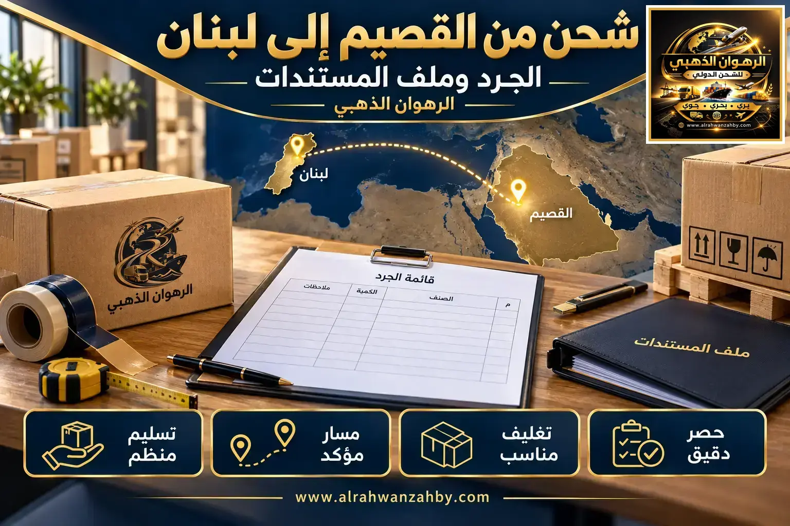 شحن من القصيم إلى لبنان — الجرد وملف المستندات