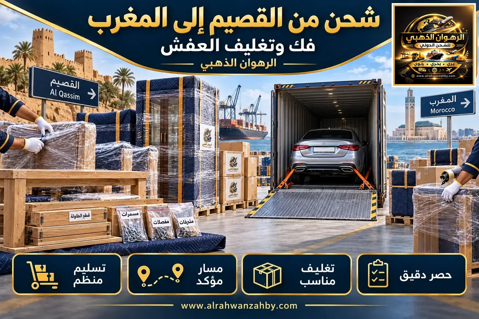 شحن من القصيم إلى المغرب — فك وتغليف العفش