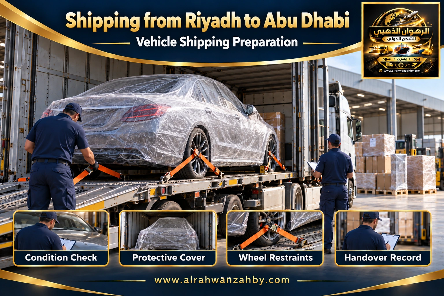 Vehicle shipping preparation from Riyadh to Abu Dhabi — Alrahwan Golden illustrative visual
