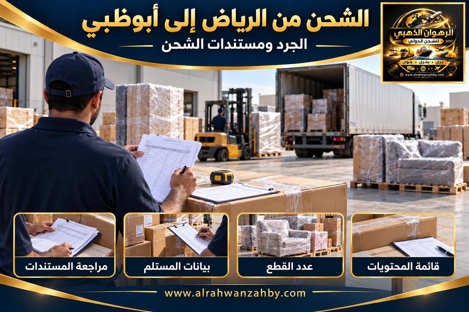 الجرد ومستندات الشحن من الرياض إلى أبوظبي — تصور توضيحي للرهوان الذهبي