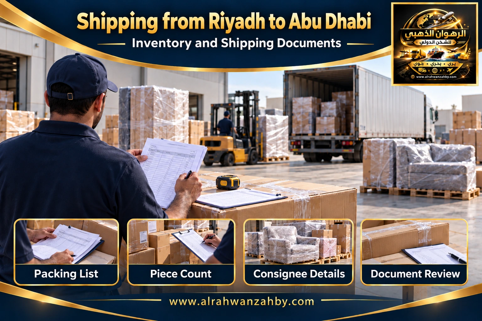 Inventory and shipping documents from Riyadh to Abu Dhabi — Alrahwan Golden illustrative visual