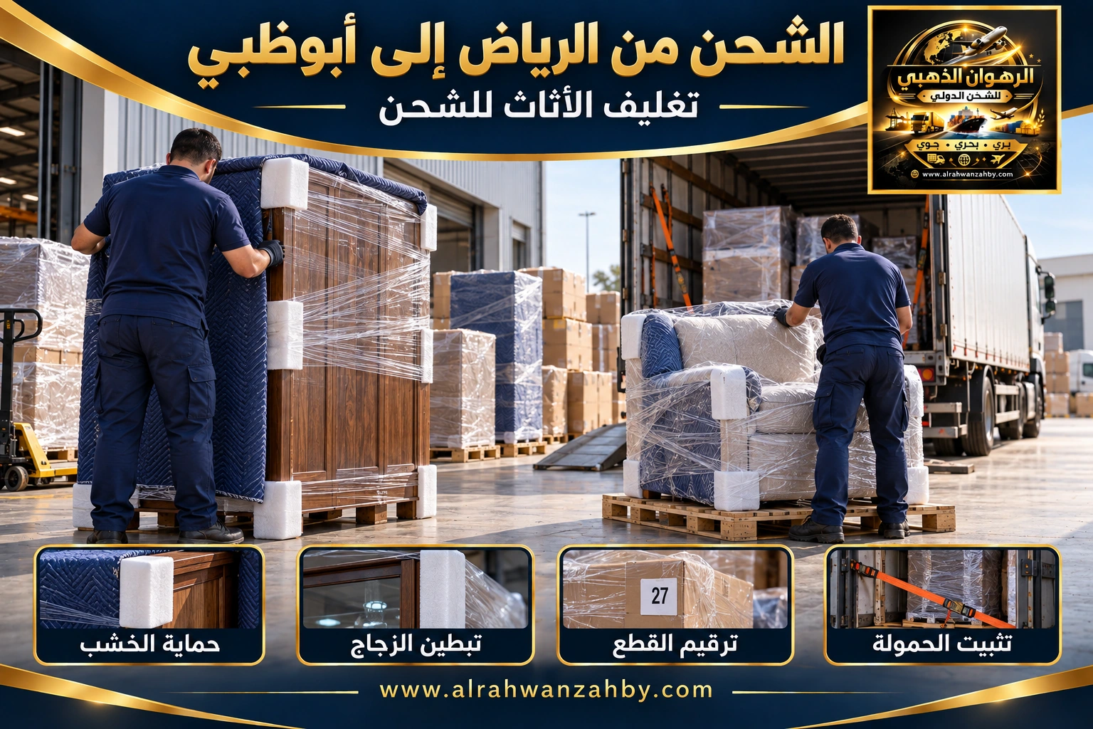 تغليف الأثاث من الرياض إلى أبوظبي — تصور توضيحي للرهوان الذهبي