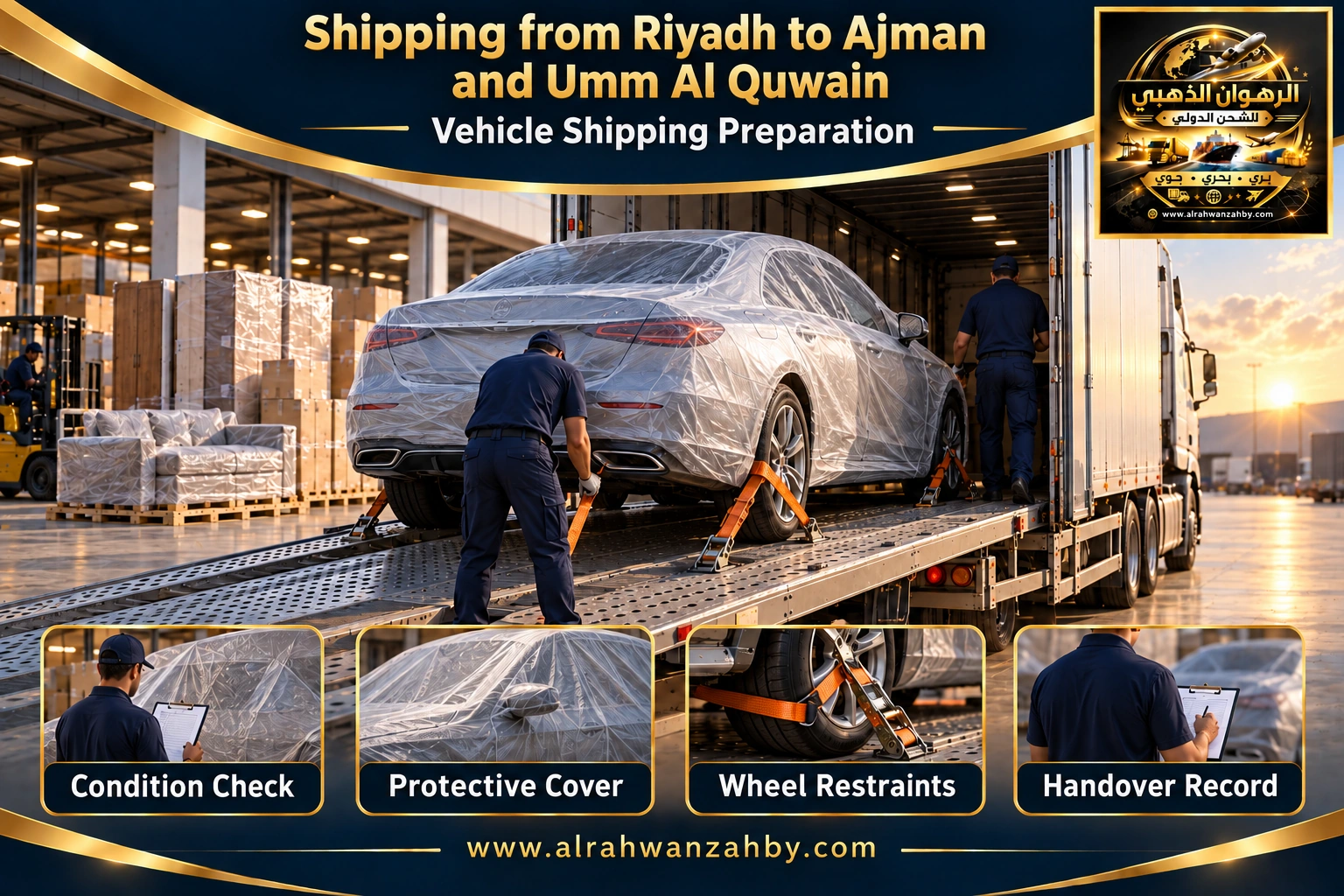 Vehicle shipping preparation from Riyadh to Ajman and Umm Al Quwain — Alrahwan Golden illustrative visual