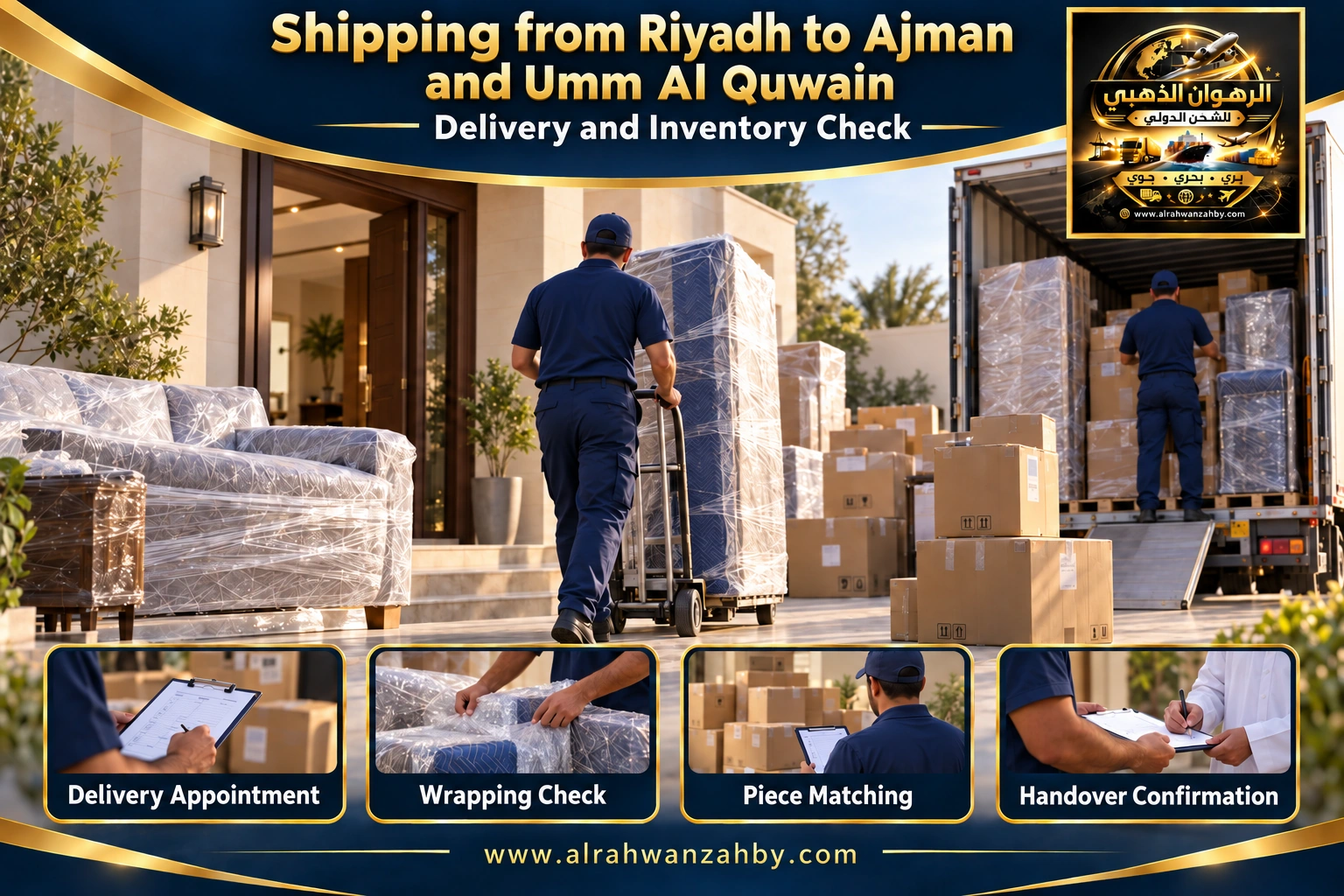 Delivery coordination and inventory matching from Riyadh to Ajman and Umm Al Quwain — Alrahwan Golden illustrative visual