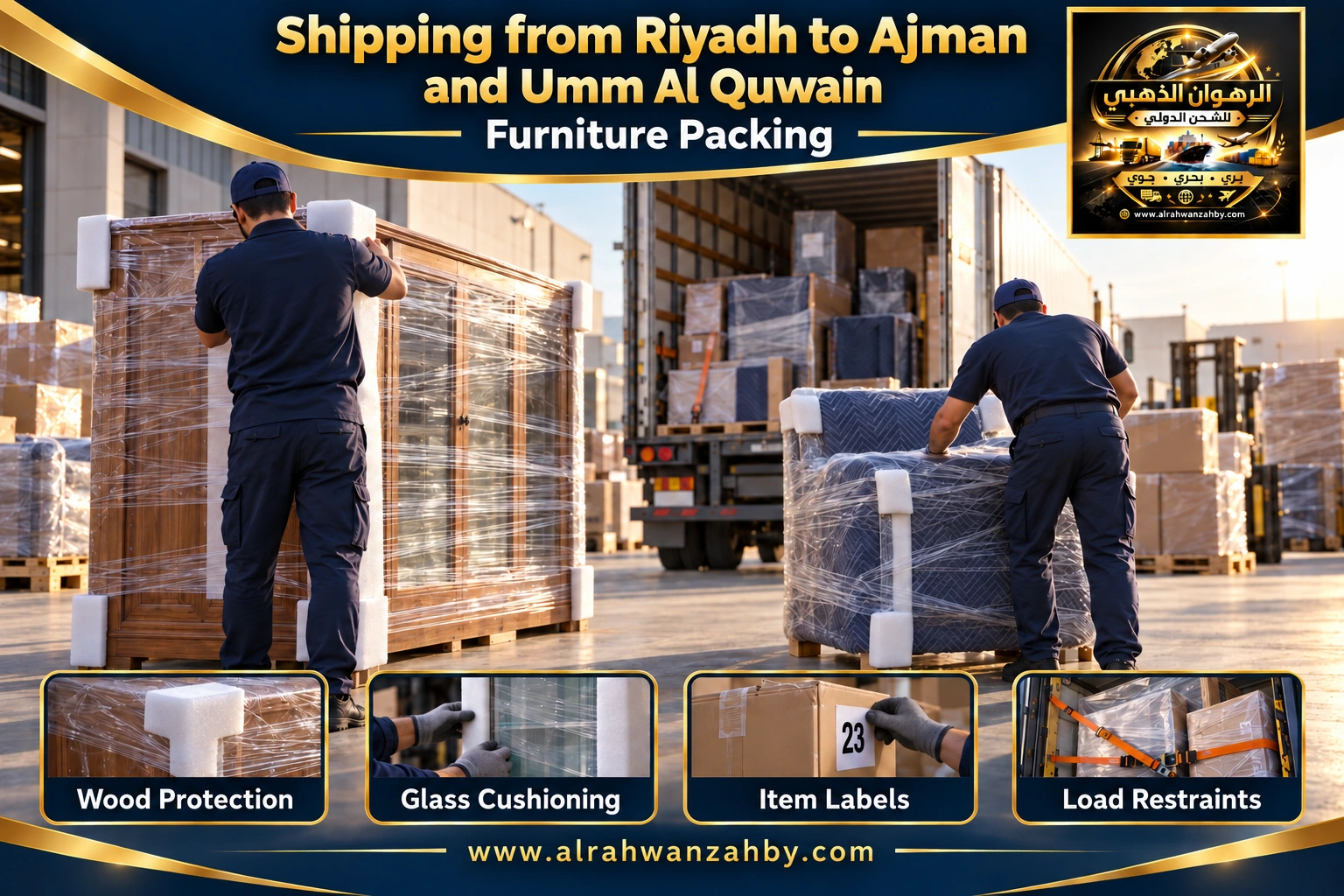 Furniture packing from Riyadh to Ajman and Umm Al Quwain — Alrahwan Golden illustrative visual
