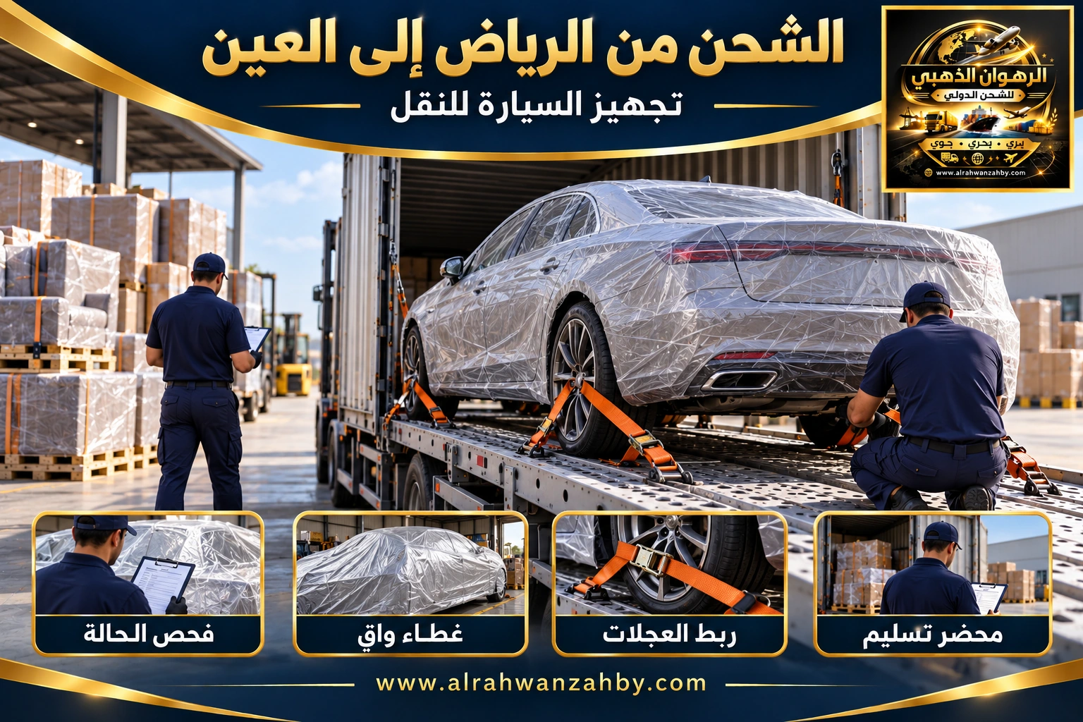 تجهيز السيارة للشحن من الرياض إلى العين — تصور توضيحي للرهوان الذهبي