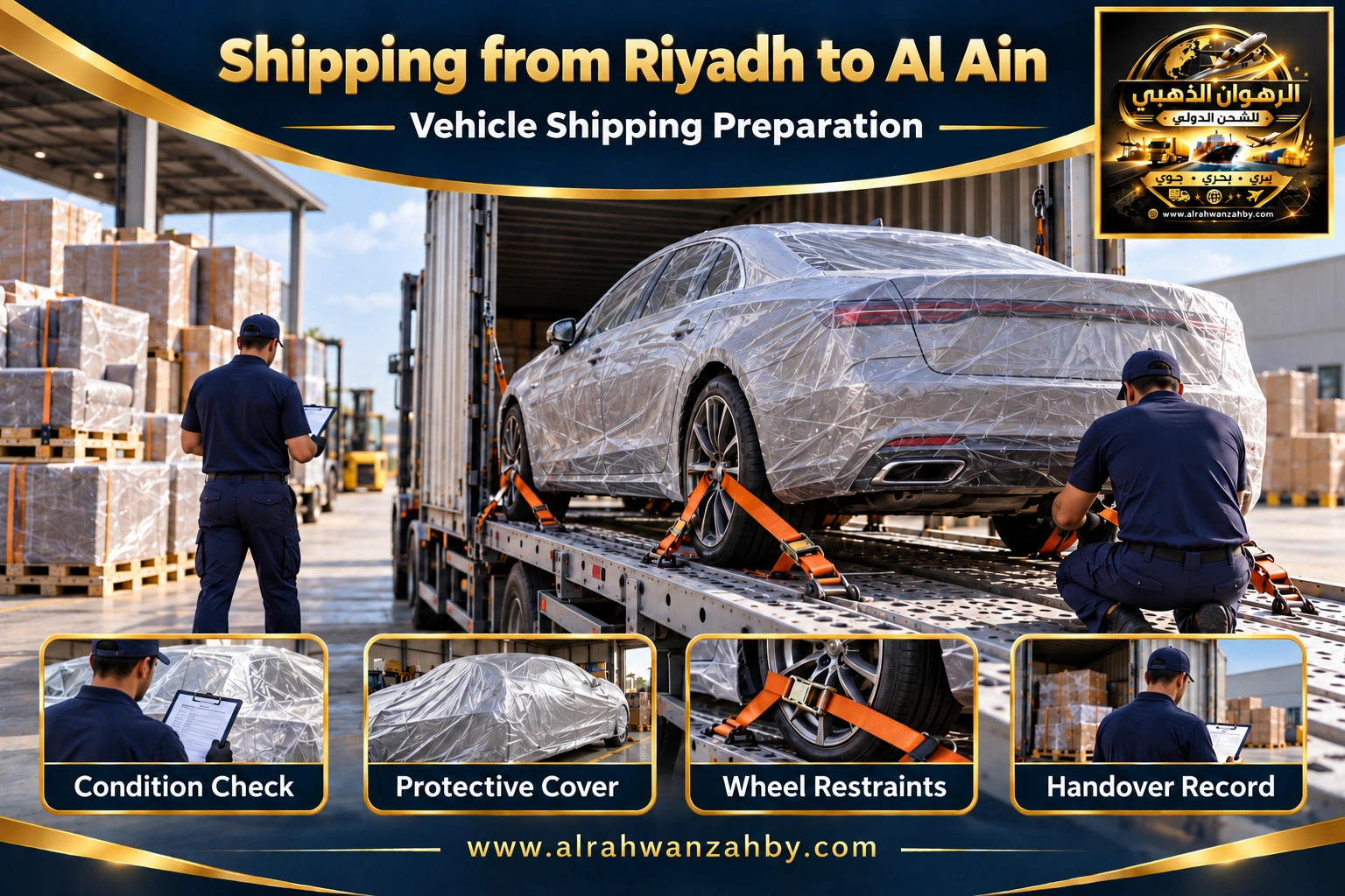 Vehicle shipping preparation from Riyadh to Al Ain — Alrahwan Golden illustrative visual