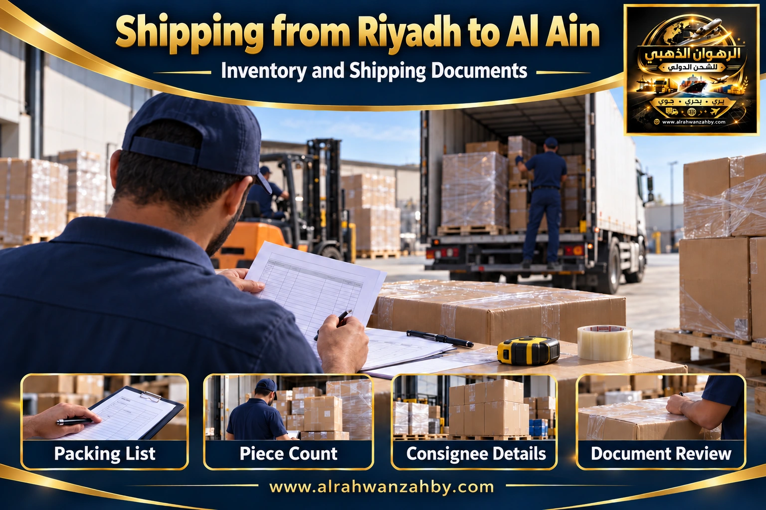 Inventory and shipping documents from Riyadh to Al Ain — Alrahwan Golden illustrative visual