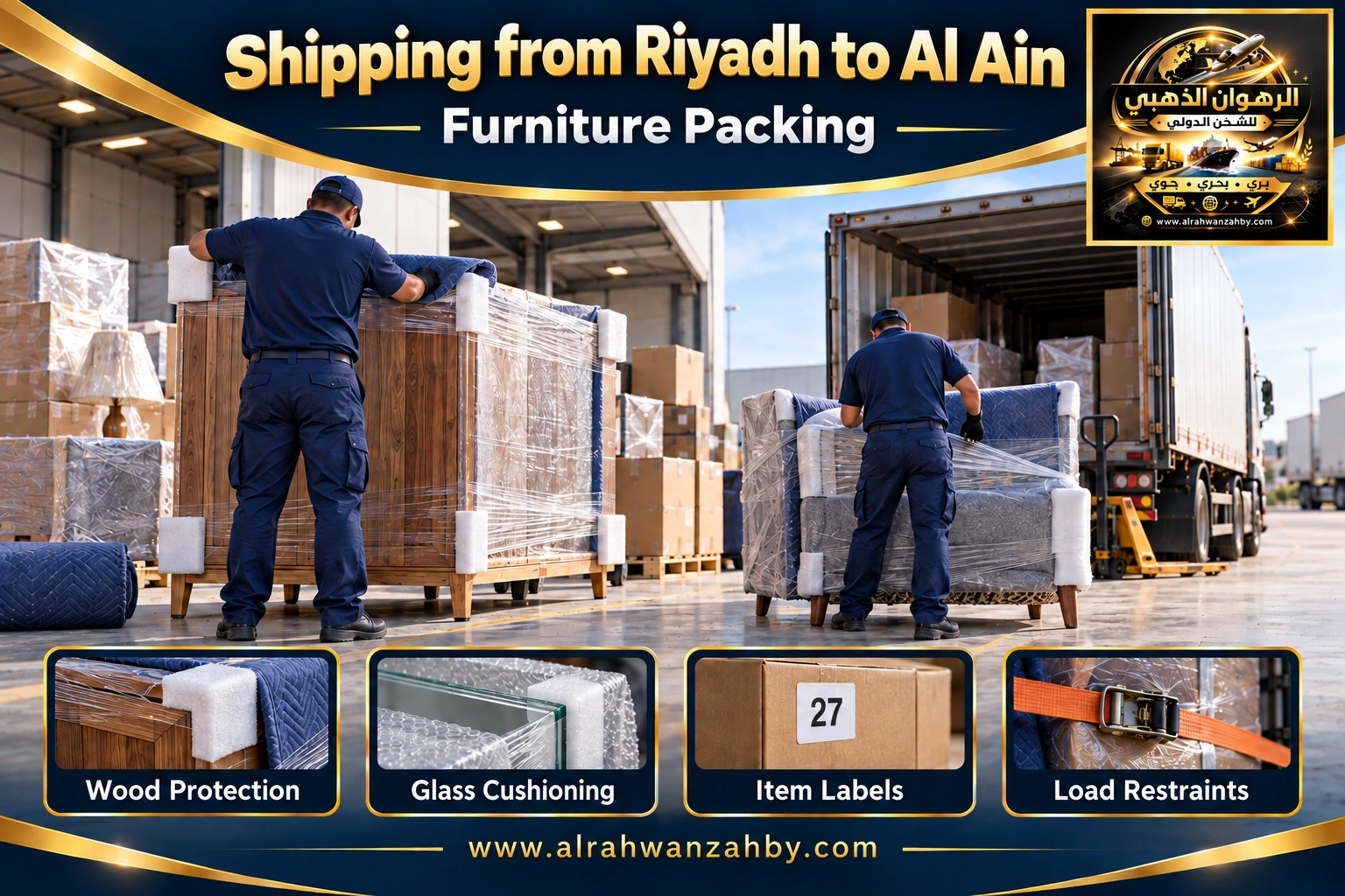 Furniture packing from Riyadh to Al Ain — Alrahwan Golden illustrative visual