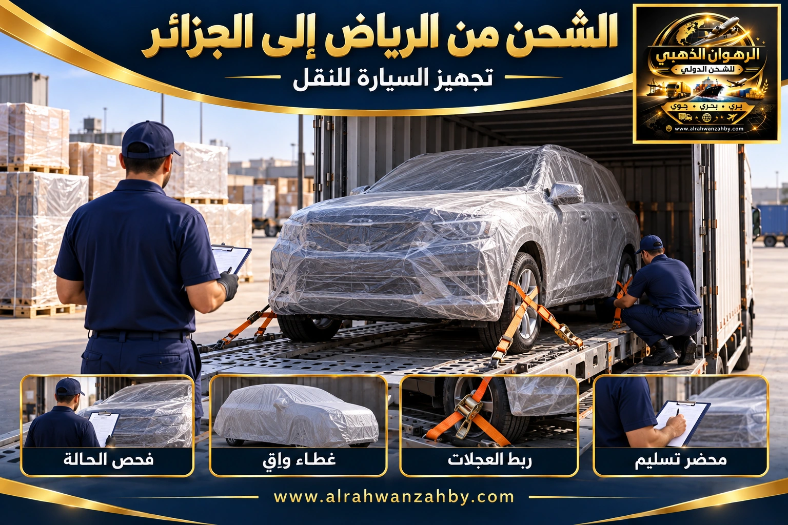 تجهيز السيارة للشحن من الرياض إلى الجزائر العاصمة — تصور توضيحي للرهوان الذهبي