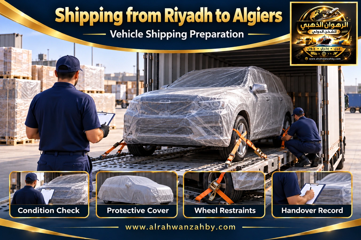 Vehicle shipping preparation from Riyadh to Algiers — Alrahwan Golden illustrative visual