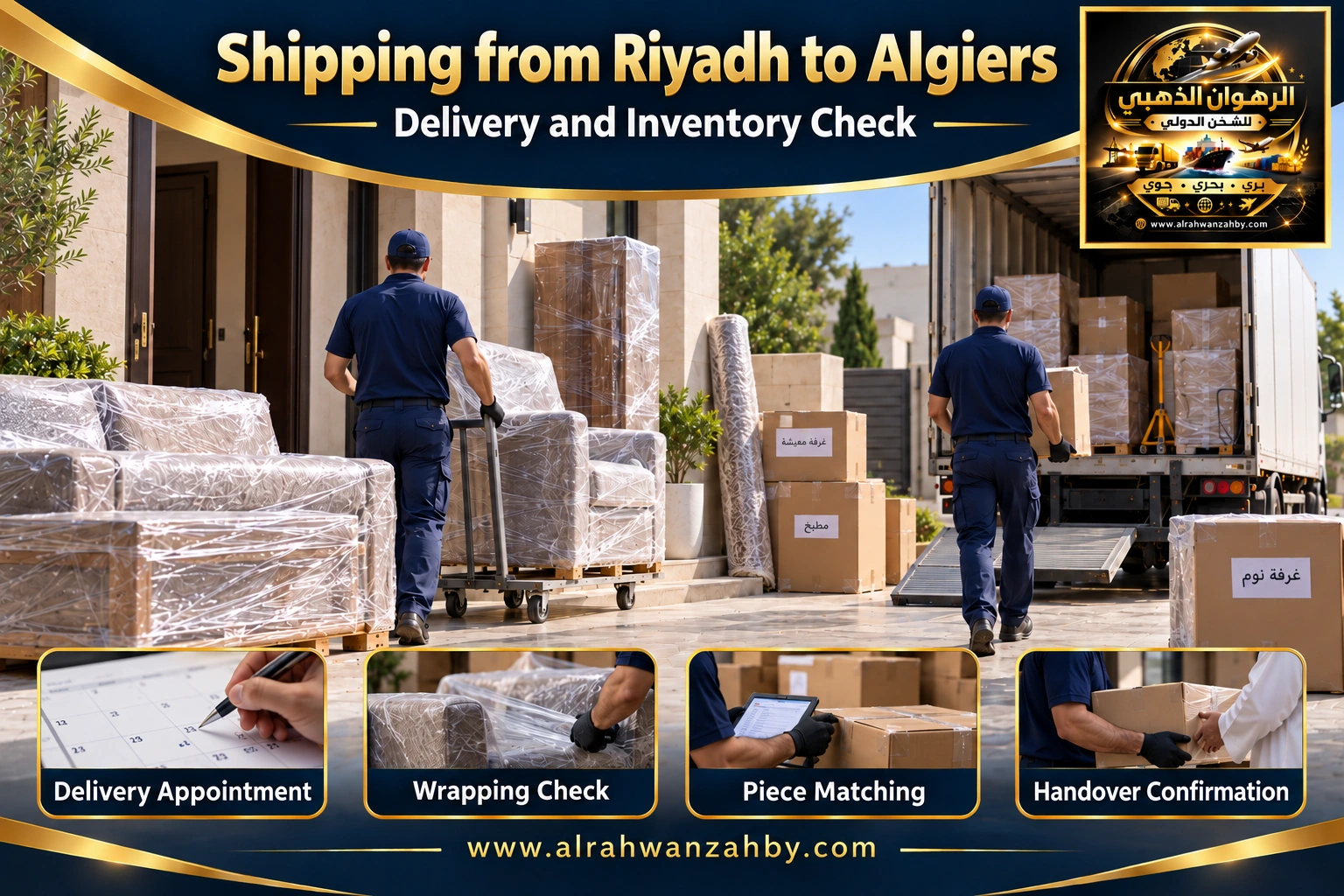 Delivery coordination and inventory matching from Riyadh to Algiers — Alrahwan Golden illustrative visual