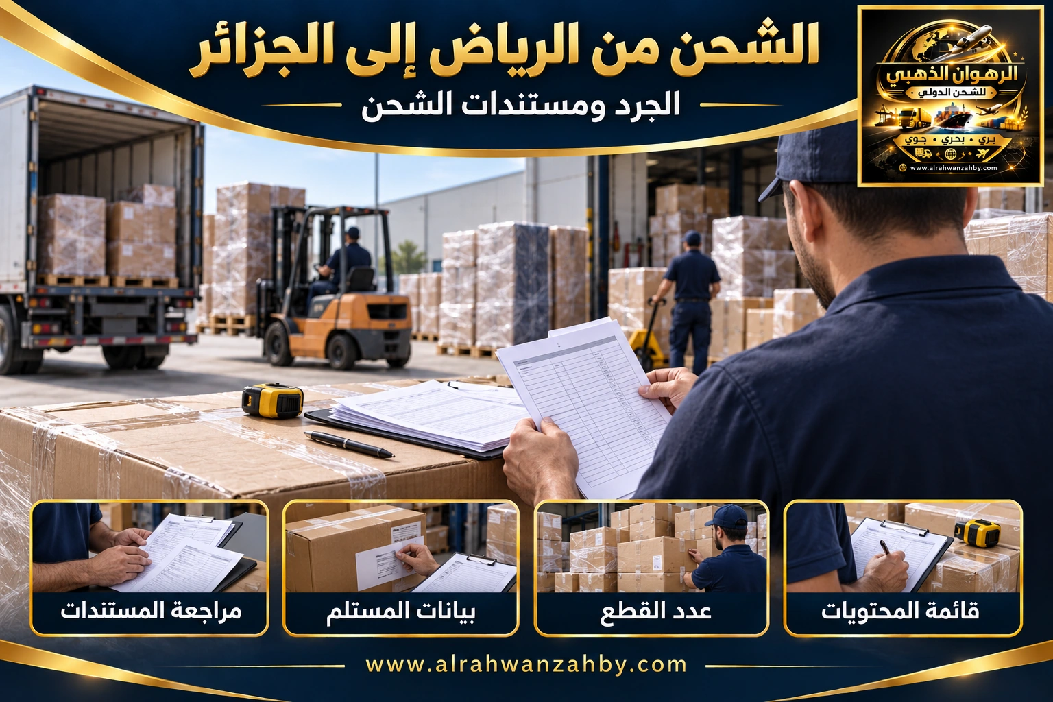 الجرد ومستندات الشحن من الرياض إلى الجزائر العاصمة — تصور توضيحي للرهوان الذهبي