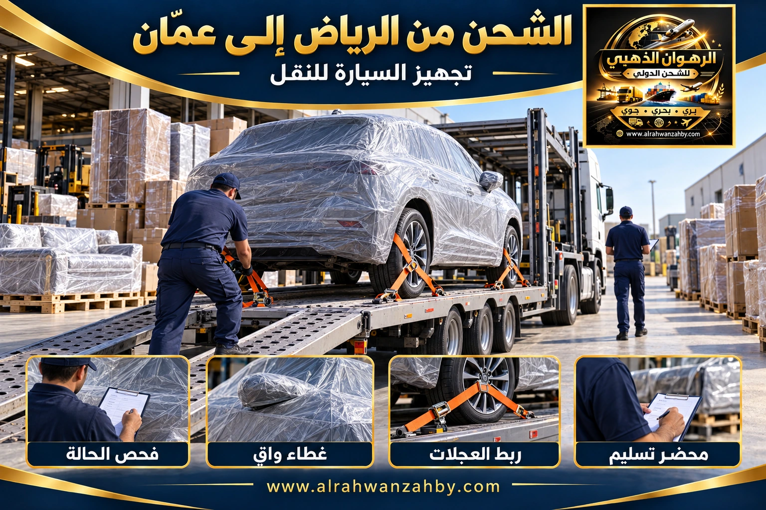 تجهيز السيارة للشحن من الرياض إلى عمّان الأردن — تصور توضيحي للرهوان الذهبي