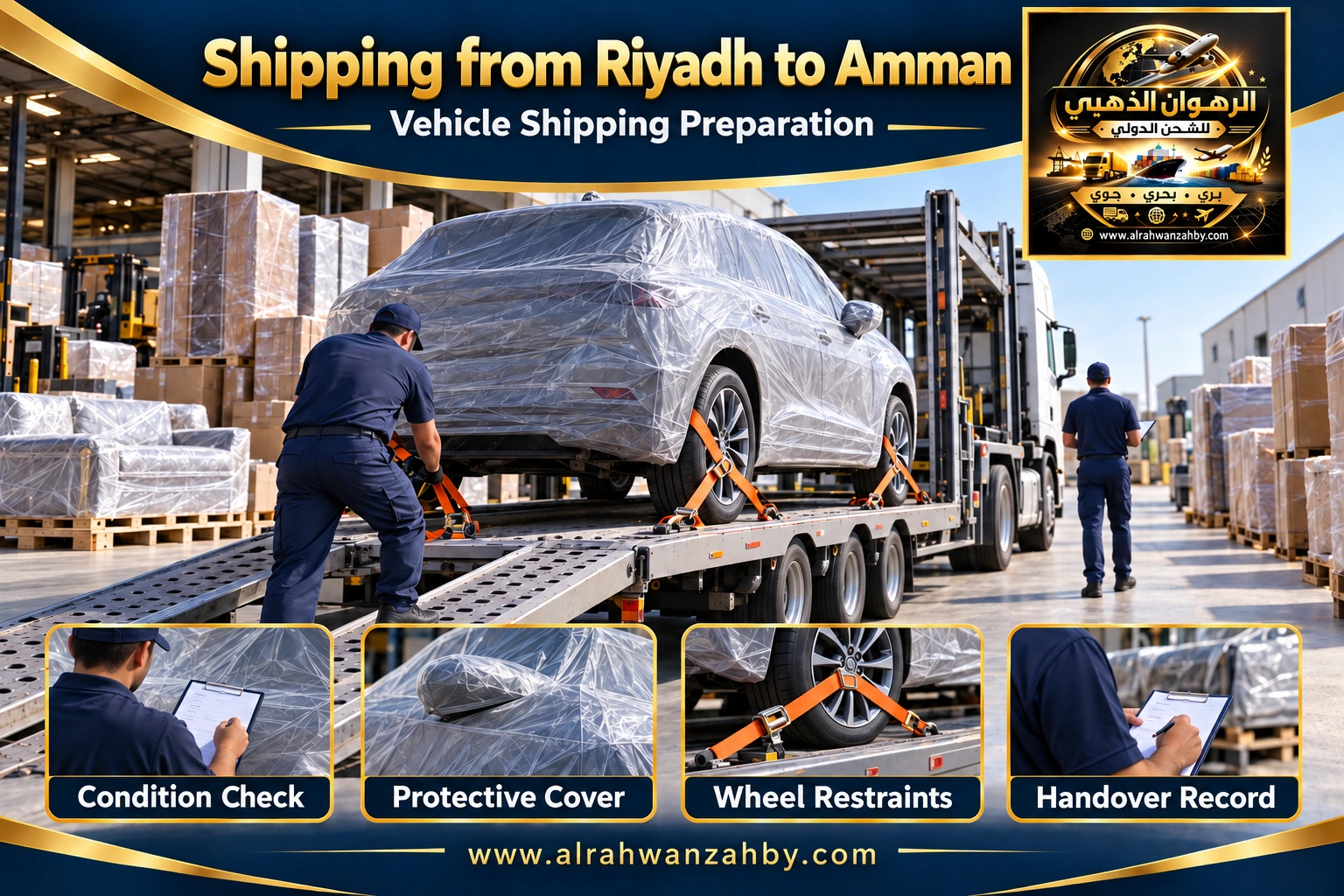 Vehicle shipping preparation from Riyadh to Amman, Jordan — Alrahwan Golden illustrative visual