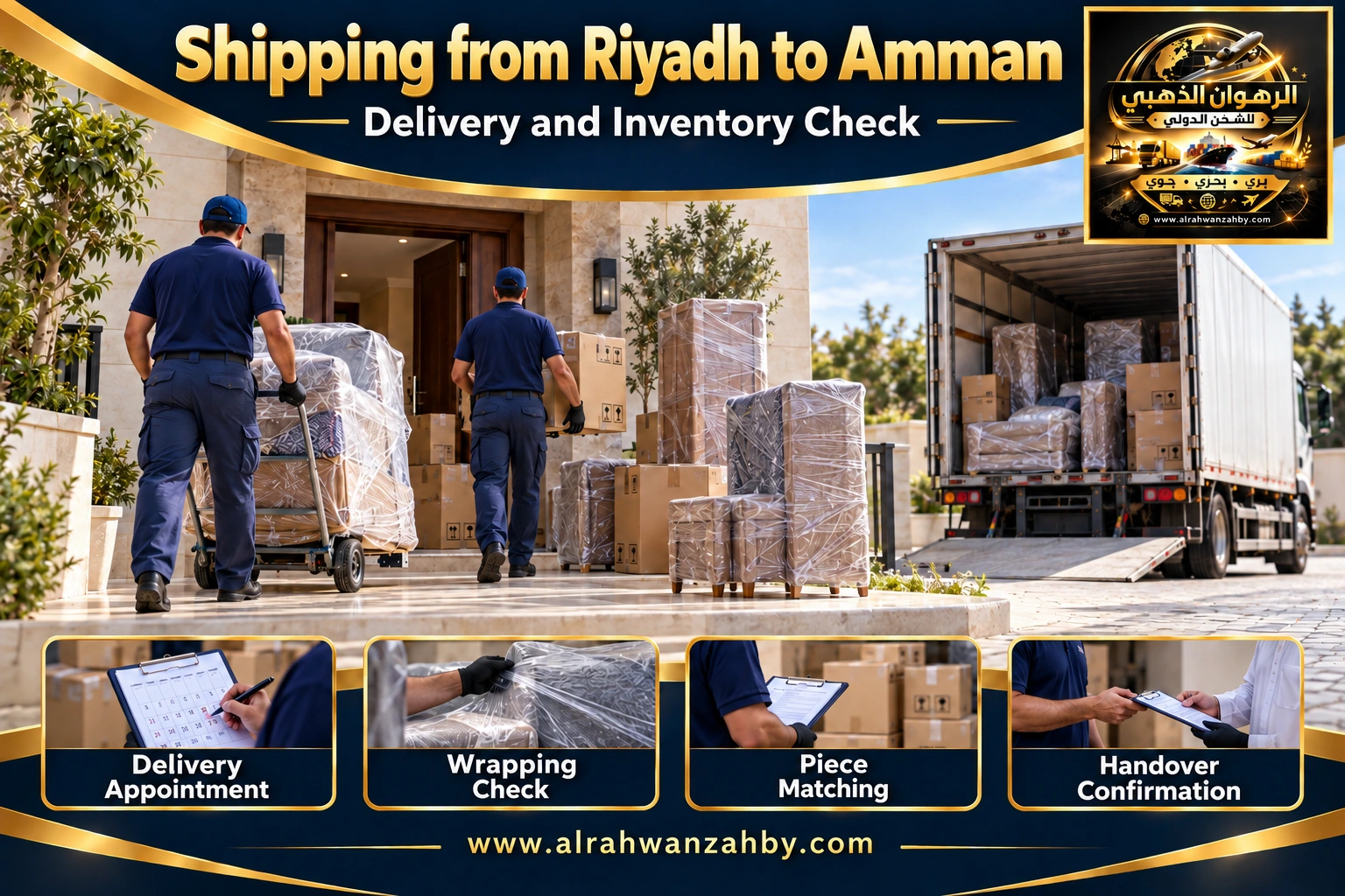 Delivery coordination and inventory matching from Riyadh to Amman, Jordan — Alrahwan Golden illustrative visual