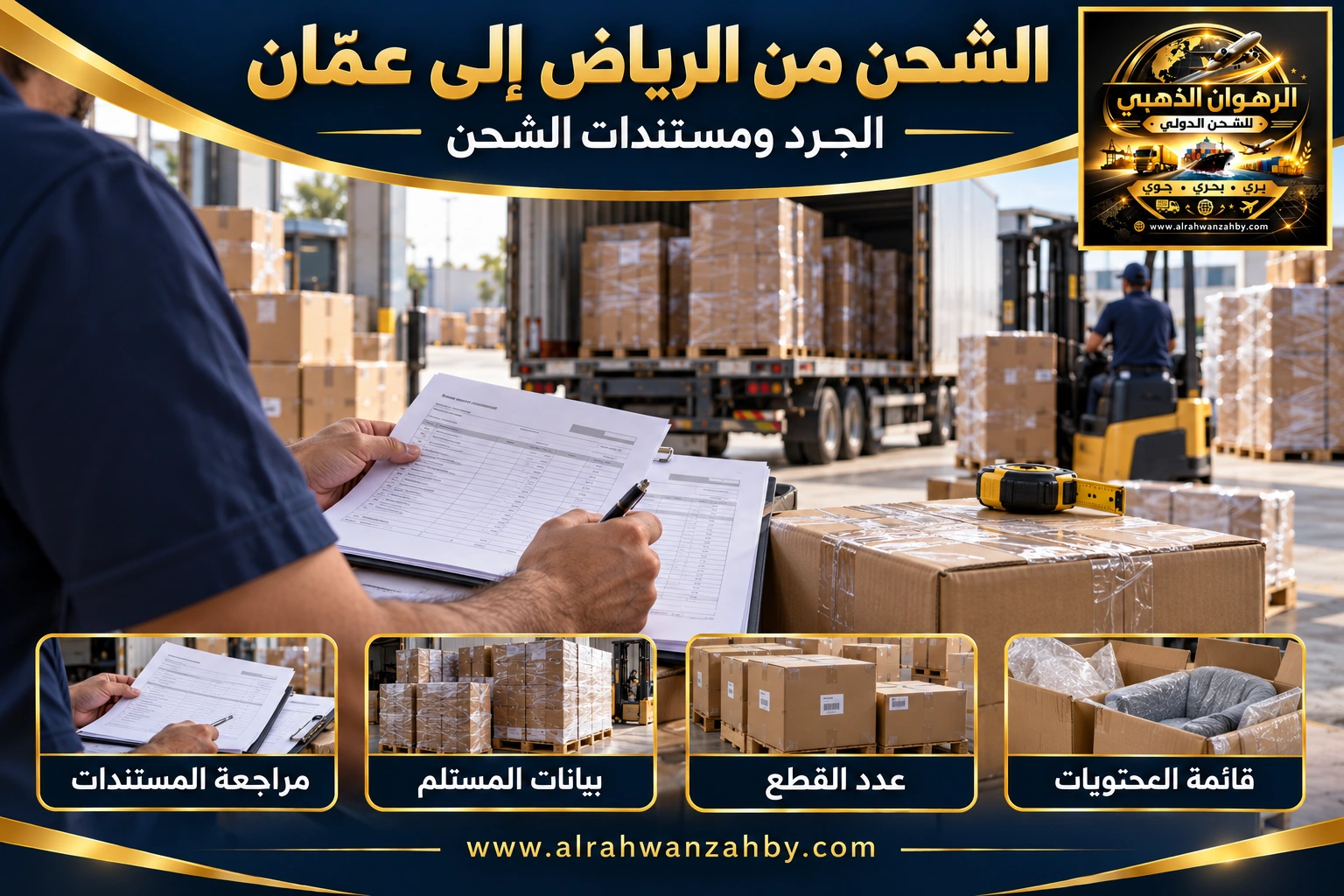 الجرد ومستندات الشحن من الرياض إلى عمّان الأردن — تصور توضيحي للرهوان الذهبي