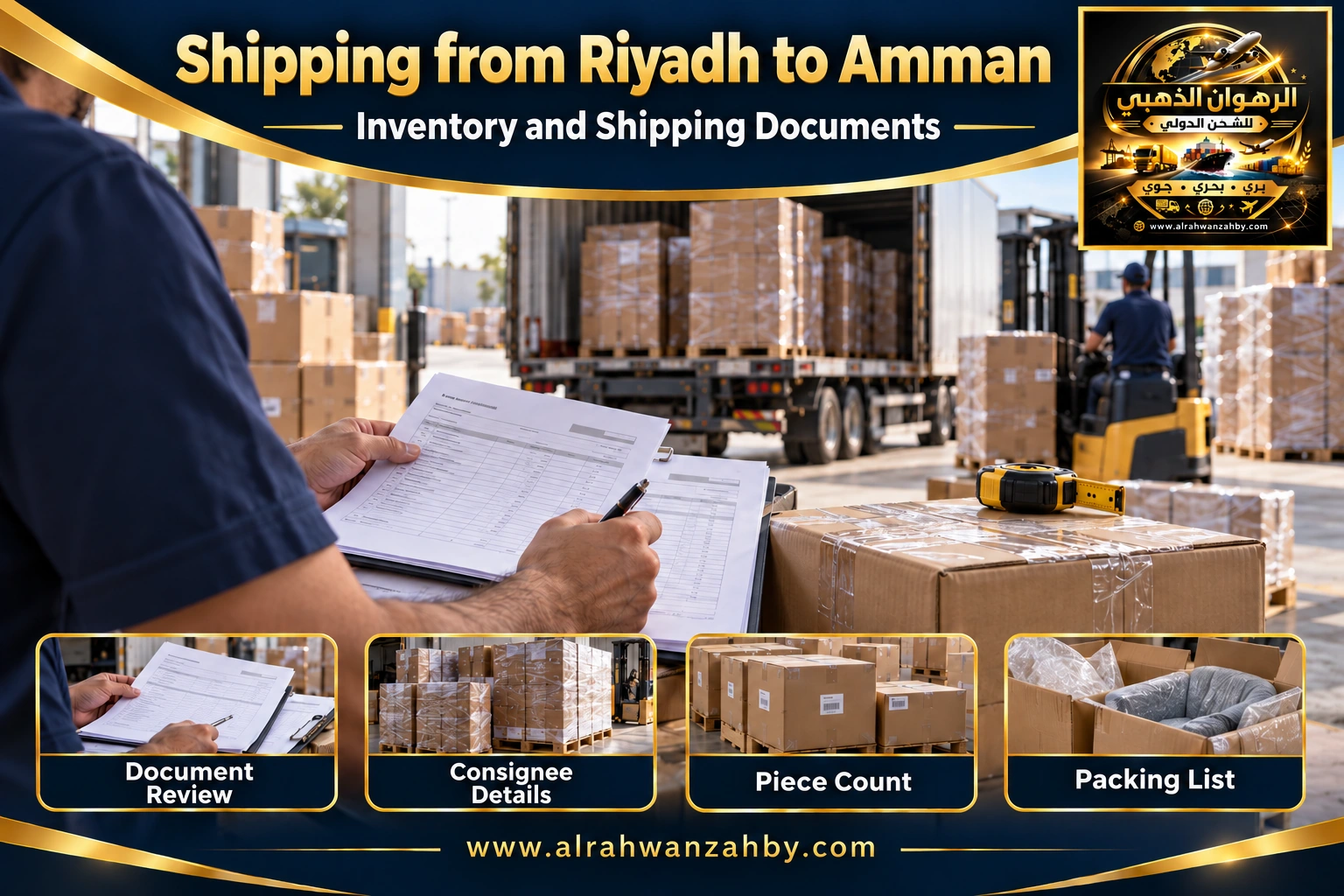 Inventory and shipping documents from Riyadh to Amman, Jordan — Alrahwan Golden illustrative visual
