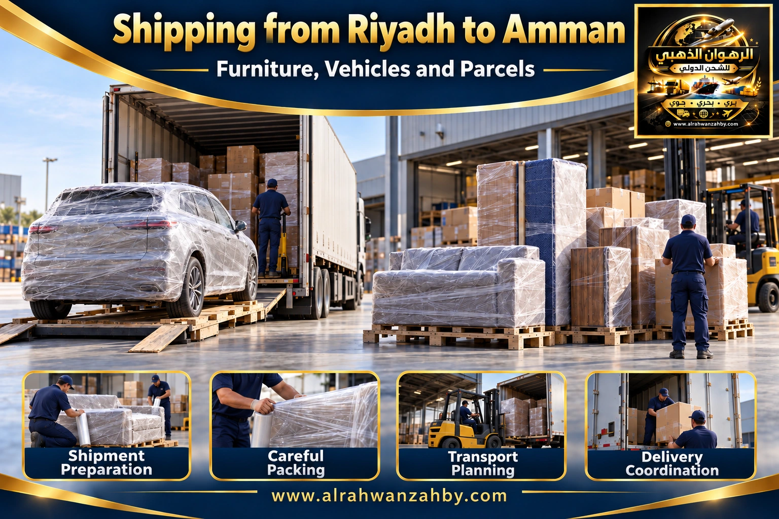 International shipping from Riyadh to Amman, Jordan — Alrahwan Golden illustrative visual