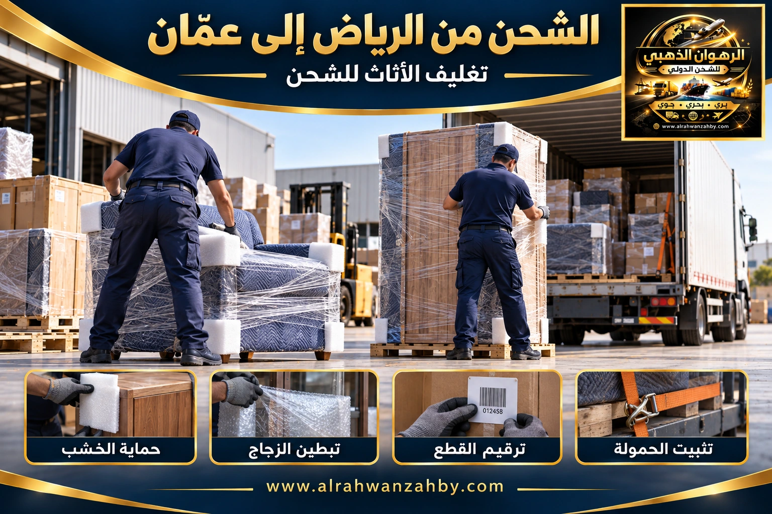 تغليف الأثاث من الرياض إلى عمّان الأردن — تصور توضيحي للرهوان الذهبي
