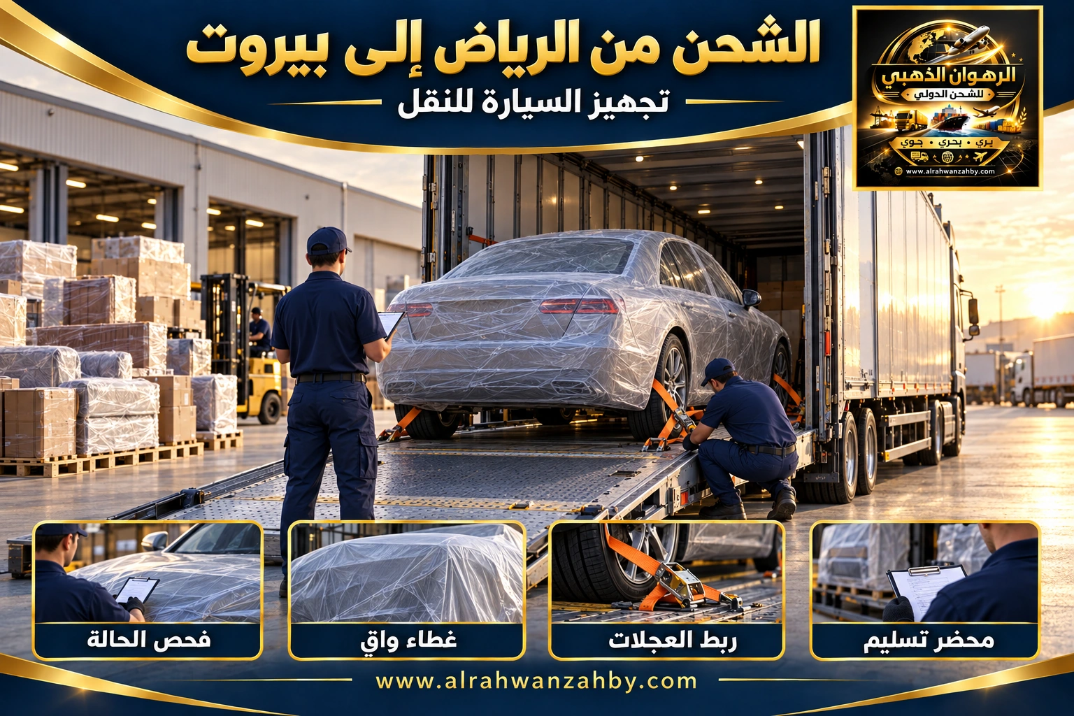 تجهيز السيارة للشحن من الرياض إلى بيروت — تصور توضيحي للرهوان الذهبي
