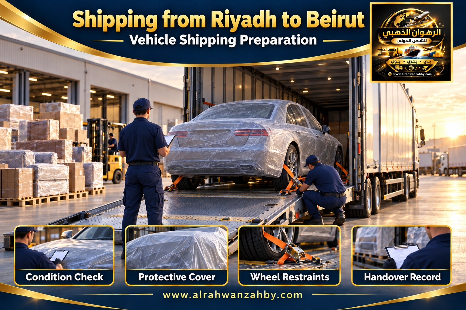 Vehicle shipping preparation from Riyadh to Beirut — Alrahwan Golden illustrative visual