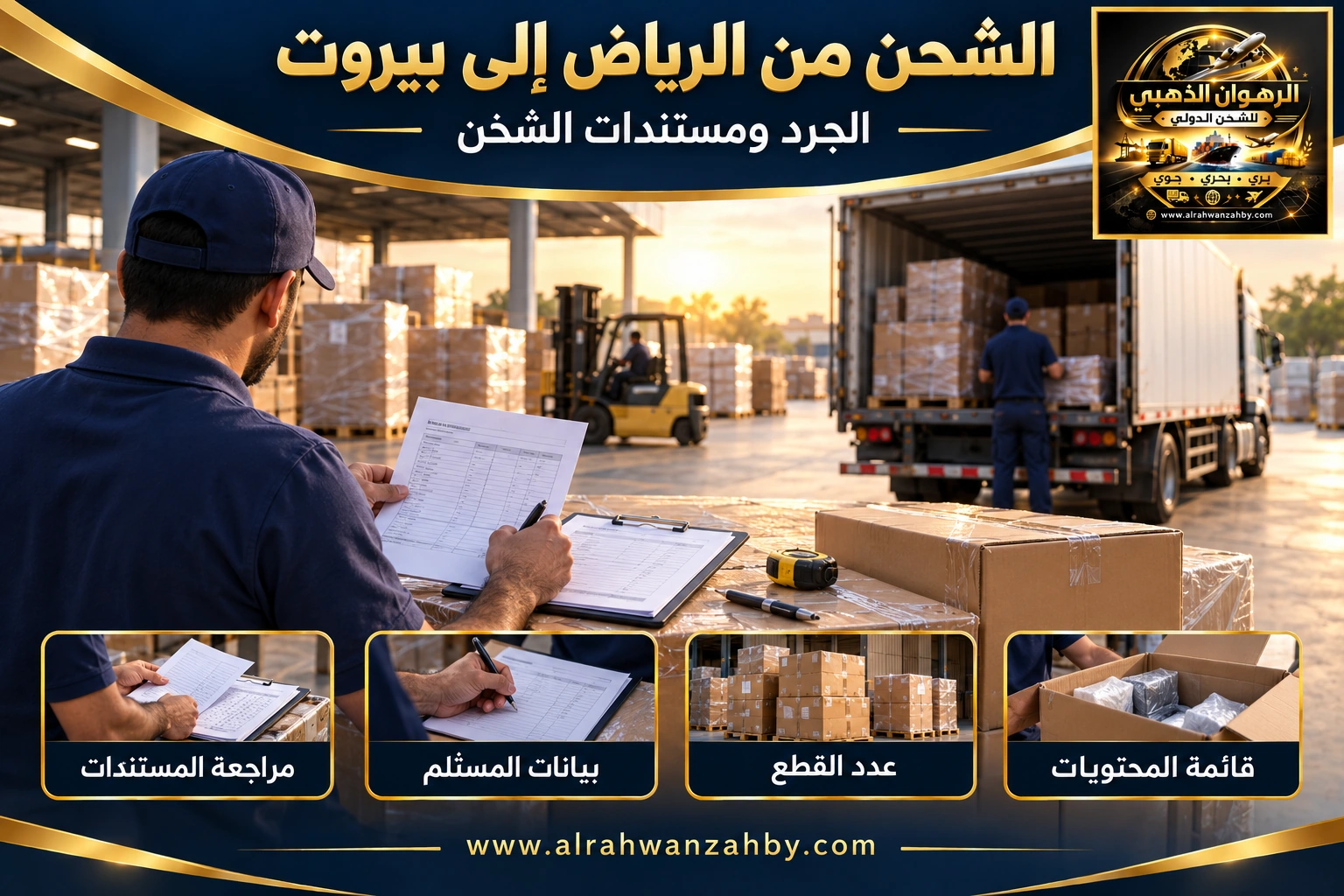 الجرد ومستندات الشحن من الرياض إلى بيروت — تصور توضيحي للرهوان الذهبي