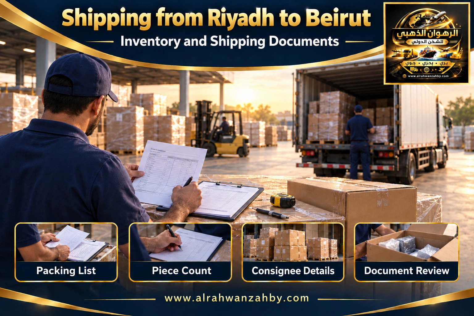 Inventory and shipping documents from Riyadh to Beirut — Alrahwan Golden illustrative visual