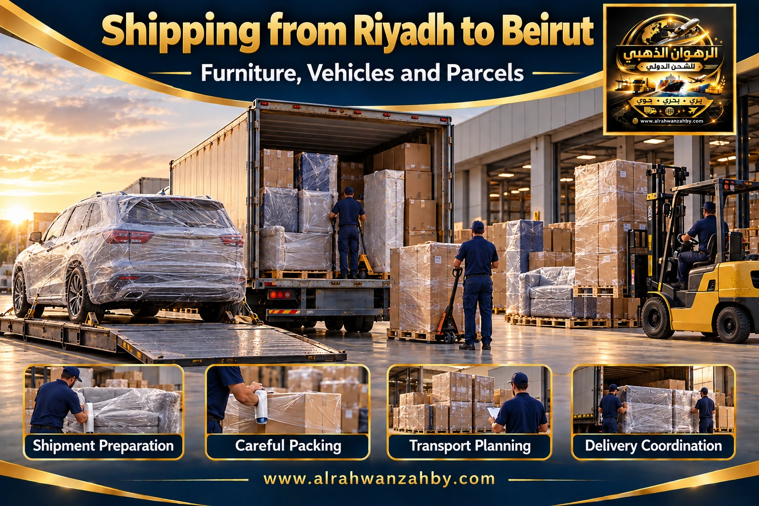 International shipping from Riyadh to Beirut — Alrahwan Golden illustrative visual