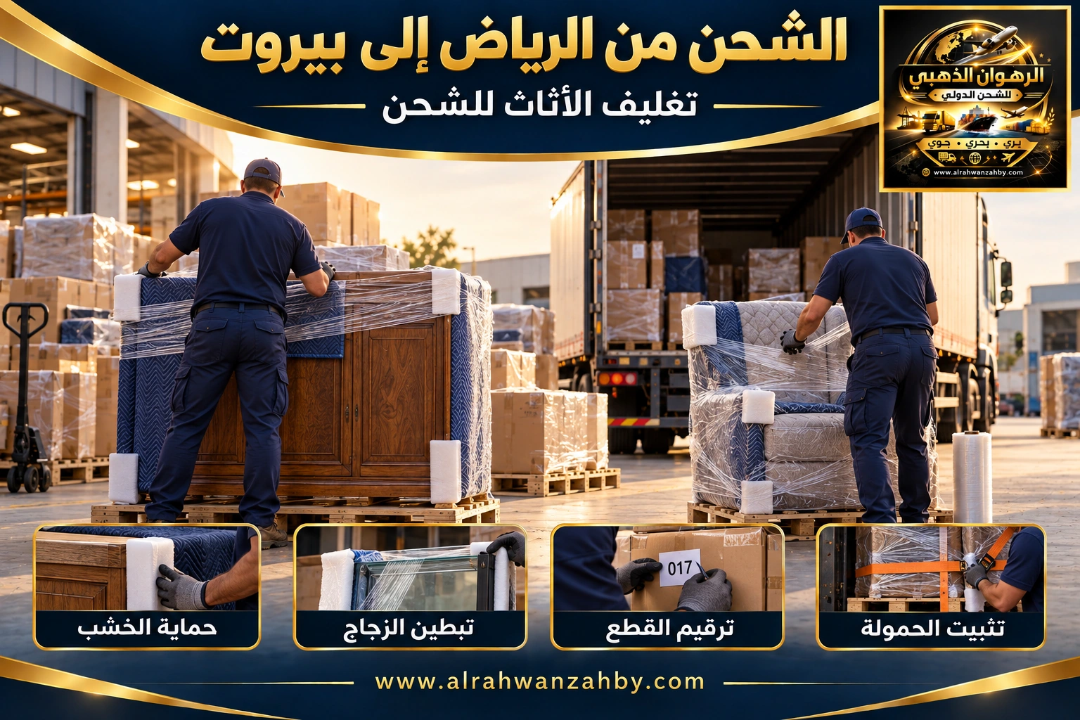 تغليف الأثاث من الرياض إلى بيروت — تصور توضيحي للرهوان الذهبي