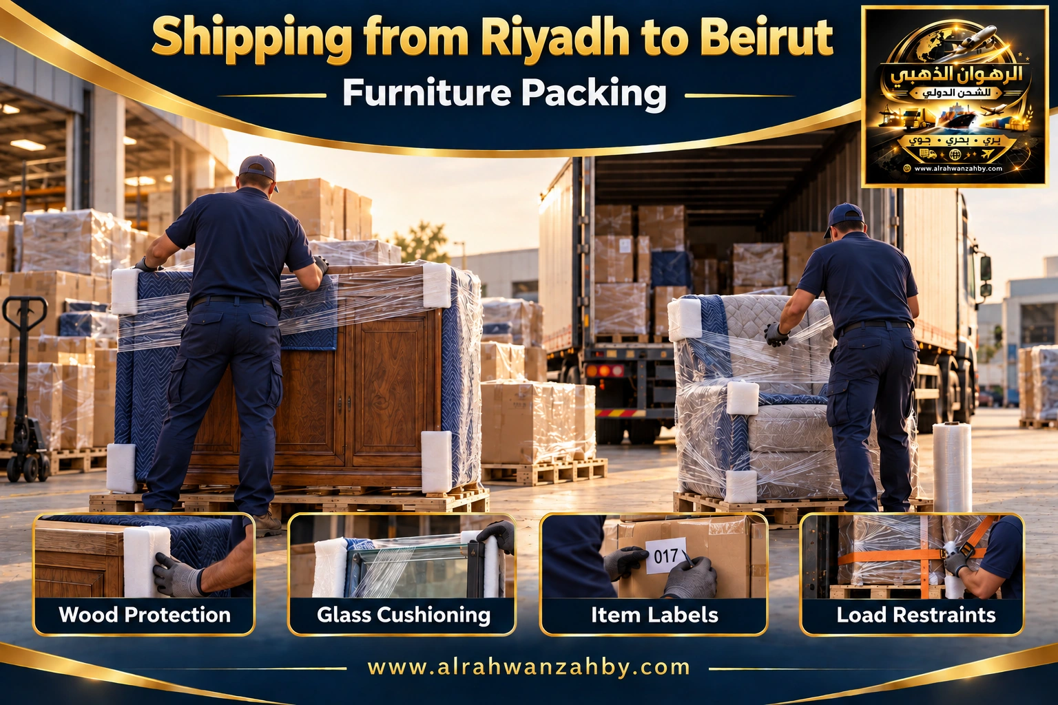 Furniture packing from Riyadh to Beirut — Alrahwan Golden illustrative visual